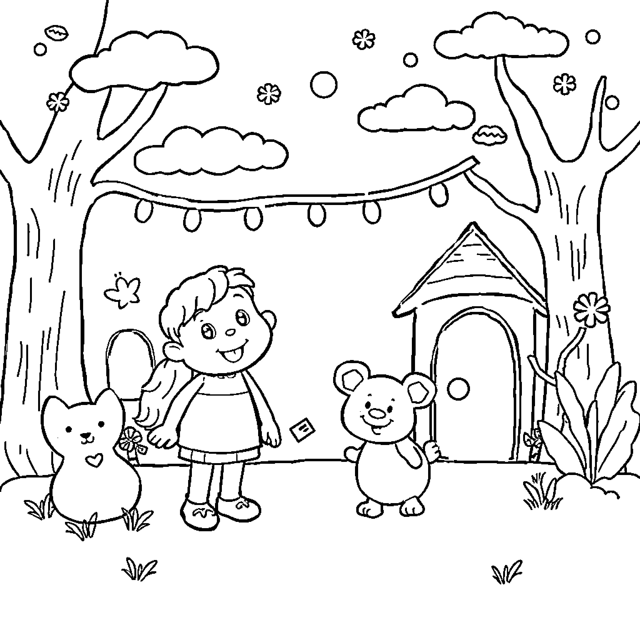 Child playing joyfully with plush toy in garden Coloring Page (free black-and-white line drawing printable PDF for all, from beginners to advanced learners, including children, teens, adults, and seniors)
