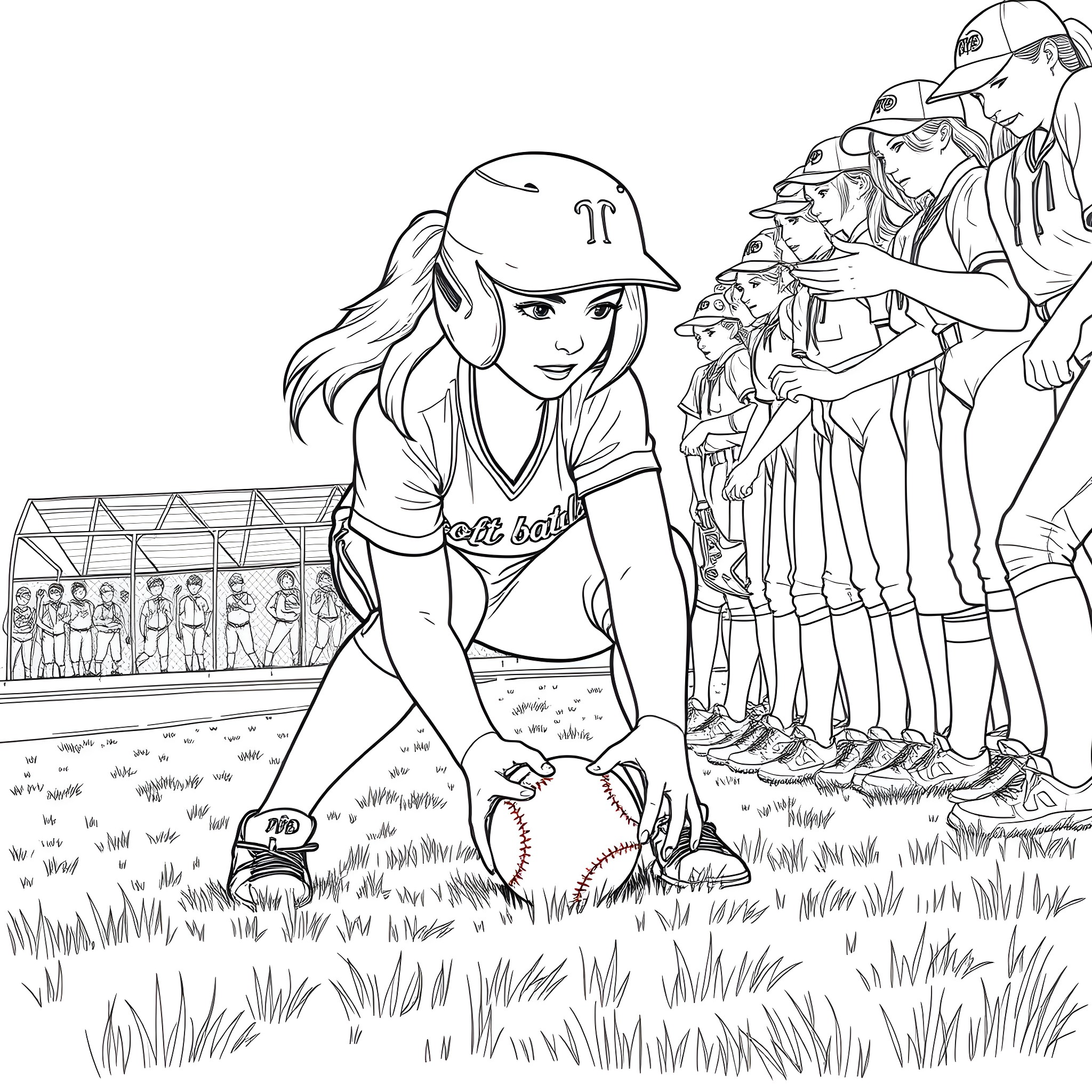 Softball Girl Preparing to Pitch on the Field Coloring Page (free black-and-white line drawing printable PDF for all, from beginners to advanced learners, including children, teens, adults, and seniors)