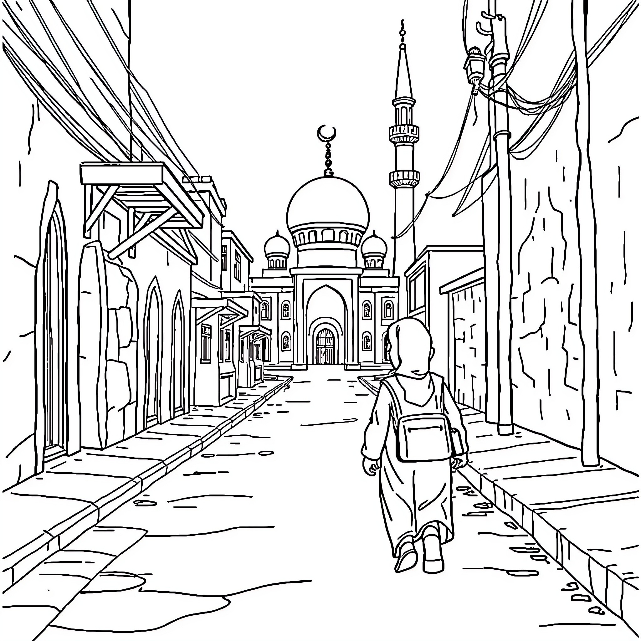 Boy walking through a bustling Middle Eastern city Coloring Page (free black-and-white line drawing printable PDF for all, from beginners to advanced learners, including children, teens, adults, and seniors)