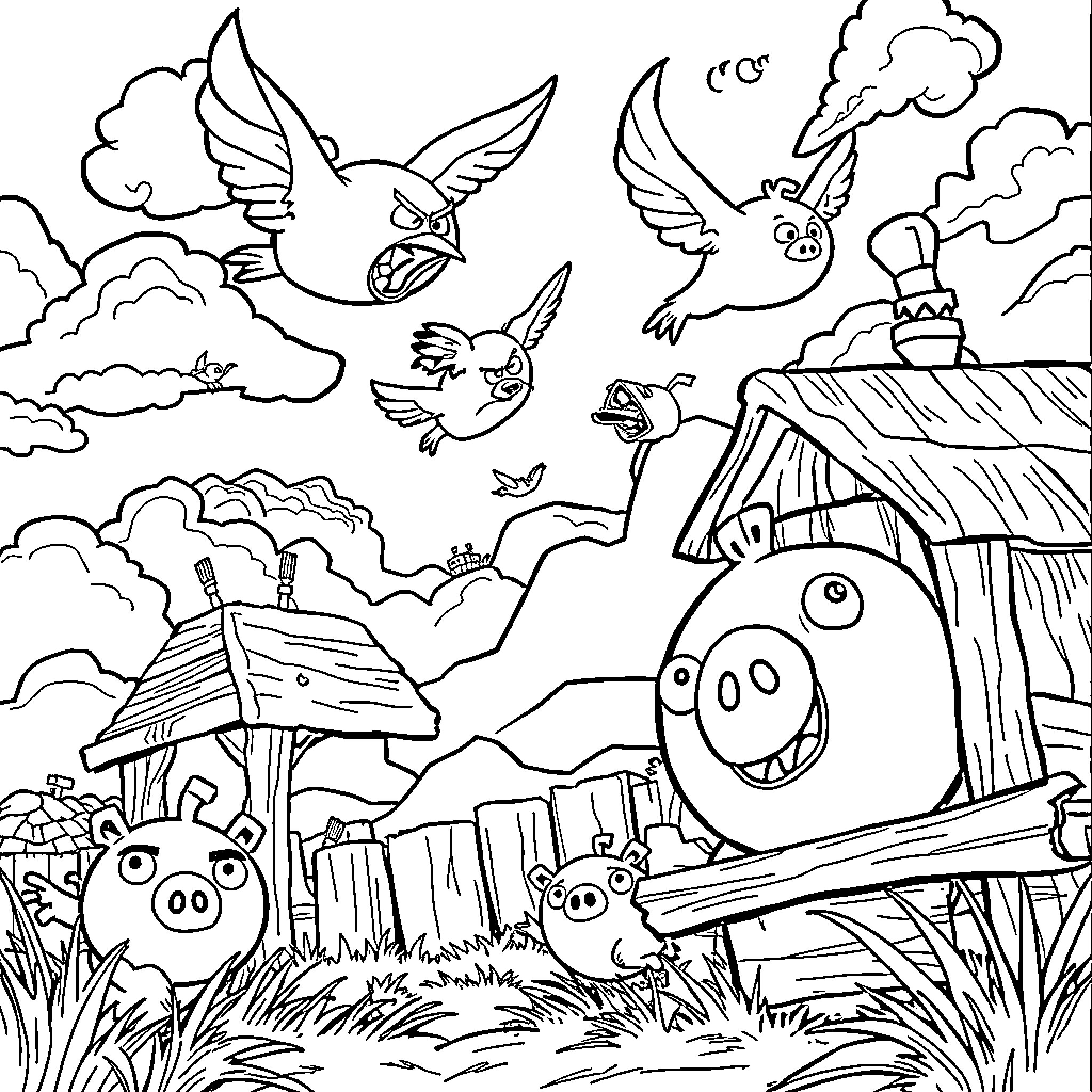 Birds flying and exploring a farmyard scene Coloring Page (free black-and-white line drawing printable PDF for all, from beginners to advanced learners, including children, teens, adults, and seniors)