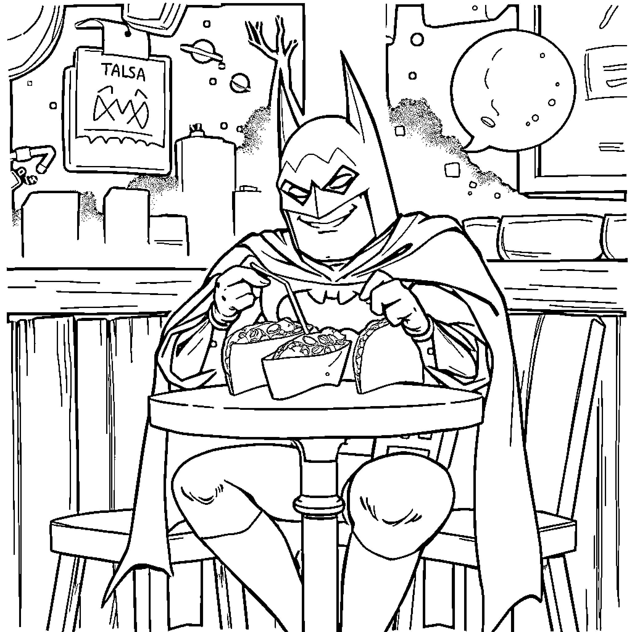 Batman enjoying snacks in his hideout Coloring Page (free black-and-white line drawing printable PDF for all, from beginners to advanced learners, including children, teens, adults, and seniors)