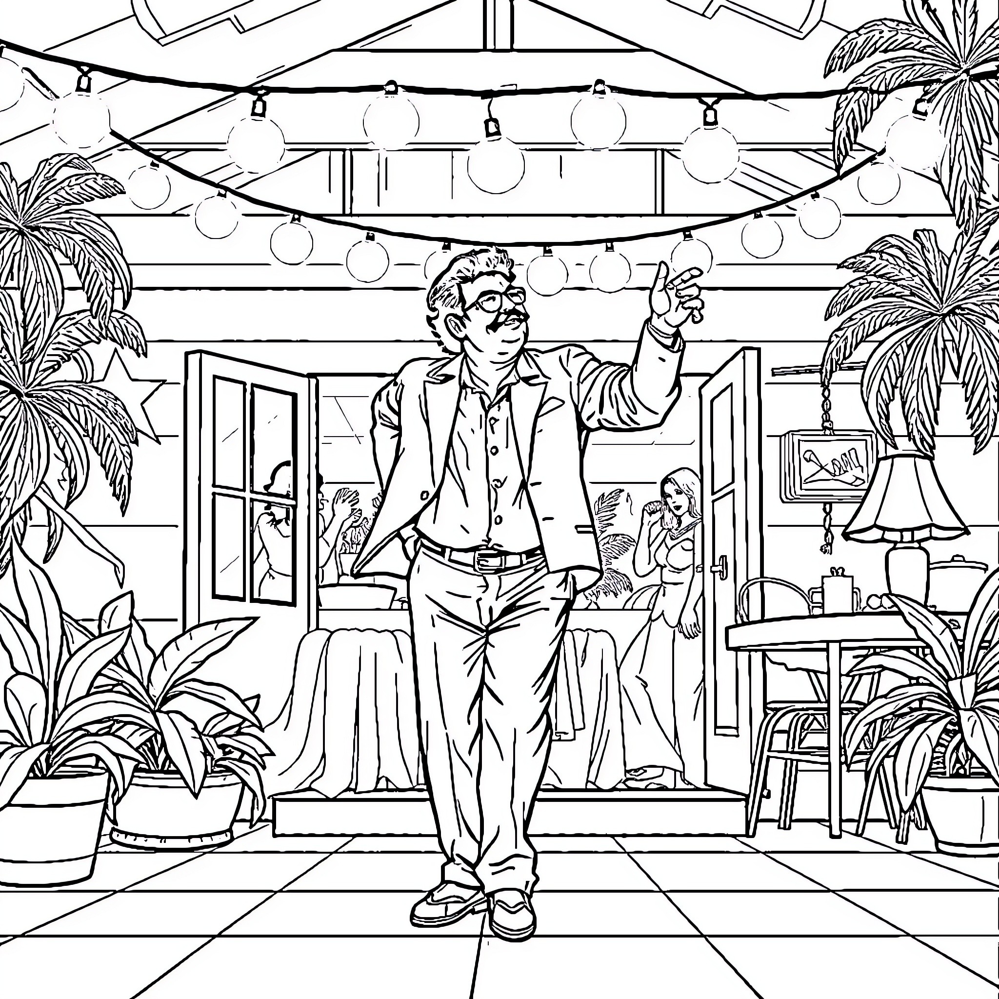 Pablo Escobar enjoying the evening in a tropical setting Coloring Page (free black-and-white line drawing printable PDF for all, from beginners to advanced learners, including children, teens, adults, and seniors)