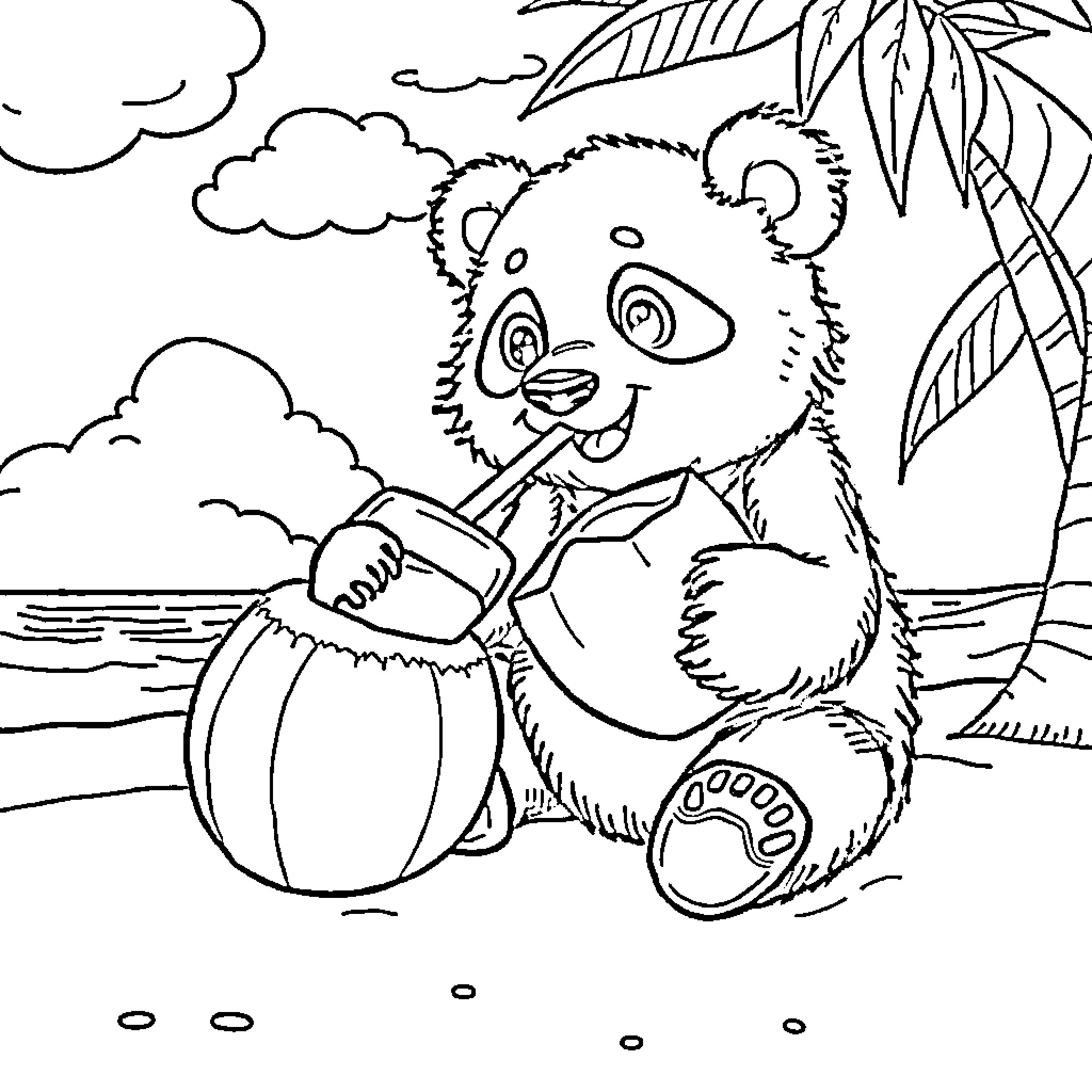 Panda enjoying a tropical vacation Coloring Page (free black-and-white line drawing printable PDF for all, from beginners to advanced learners, including children, teens, adults, and seniors)
