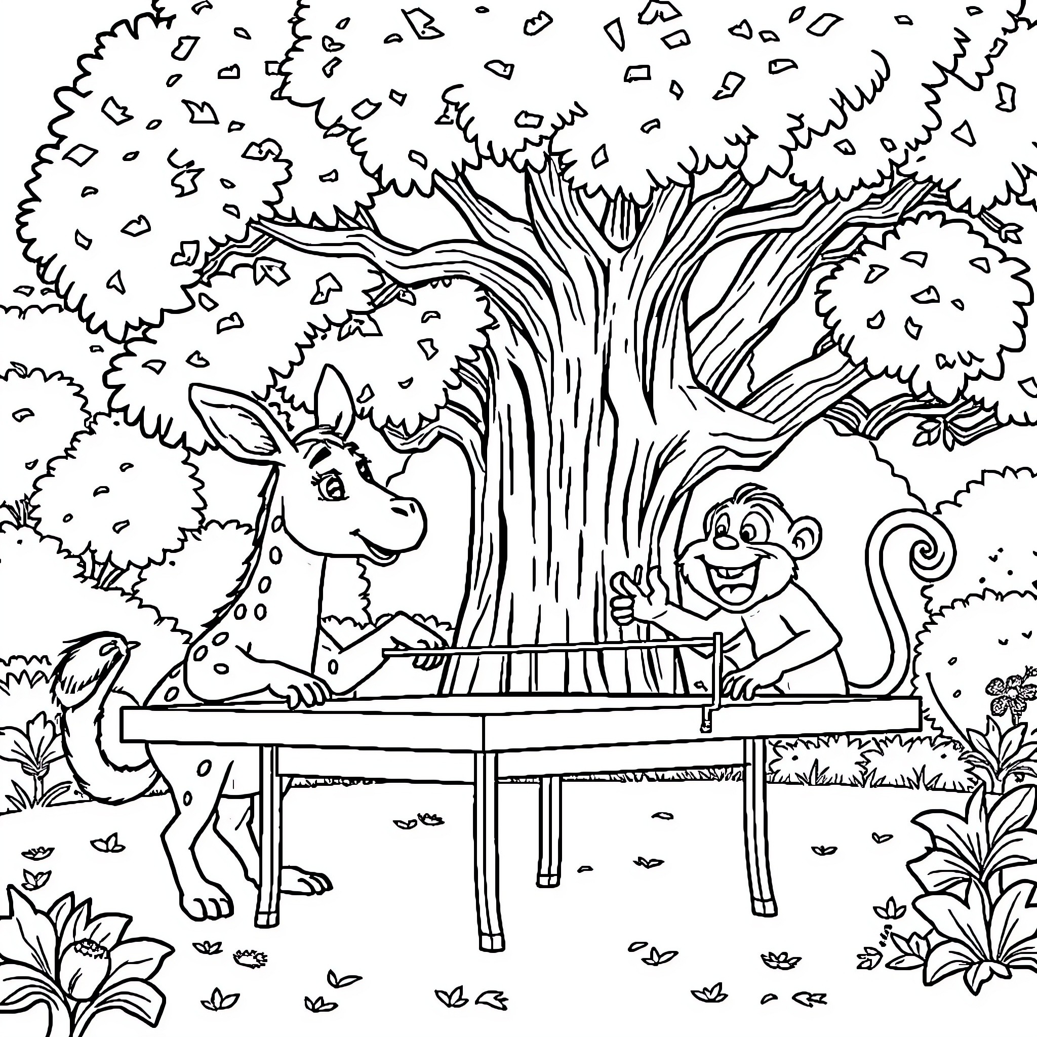 Donkey and monkey sitting on a bench in the forest Coloring Page (free black-and-white line drawing printable PDF for all, from beginners to advanced learners, including children, teens, adults, and seniors)