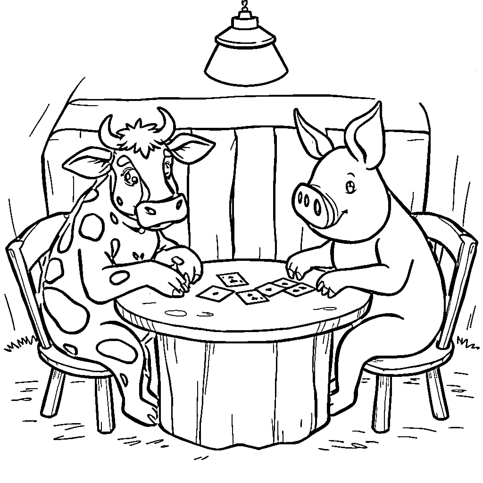 Farm Animals Playing Card Game Together Coloring Page (free black-and-white line drawing printable PDF for all, from beginners to advanced learners, including children, teens, adults, and seniors)