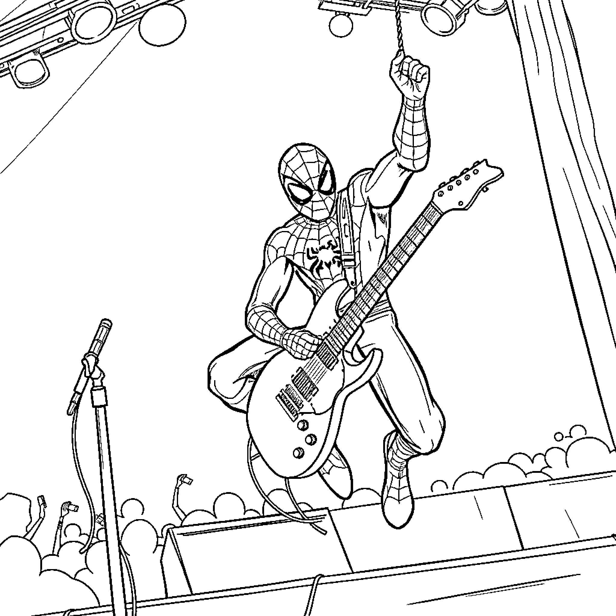 Spiderman performing on stage with electric guitar Coloring Page (free black-and-white line drawing printable PDF for all, from beginners to advanced learners, including children, teens, adults, and seniors)