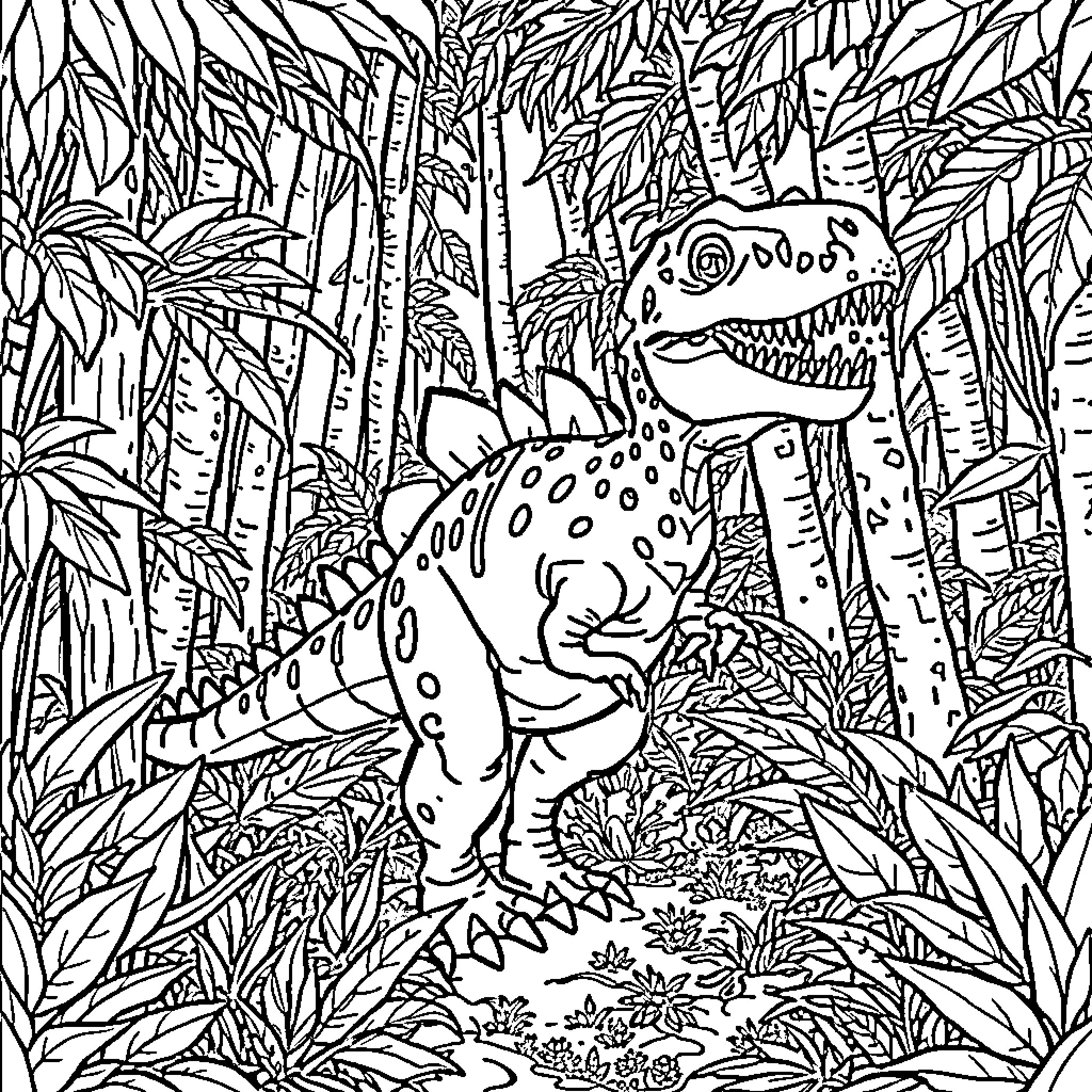 Spikosaurus exploring the lush, prehistoric jungle Coloring Page (free black-and-white line drawing printable PDF for all, from beginners to advanced learners, including children, teens, adults, and seniors)
