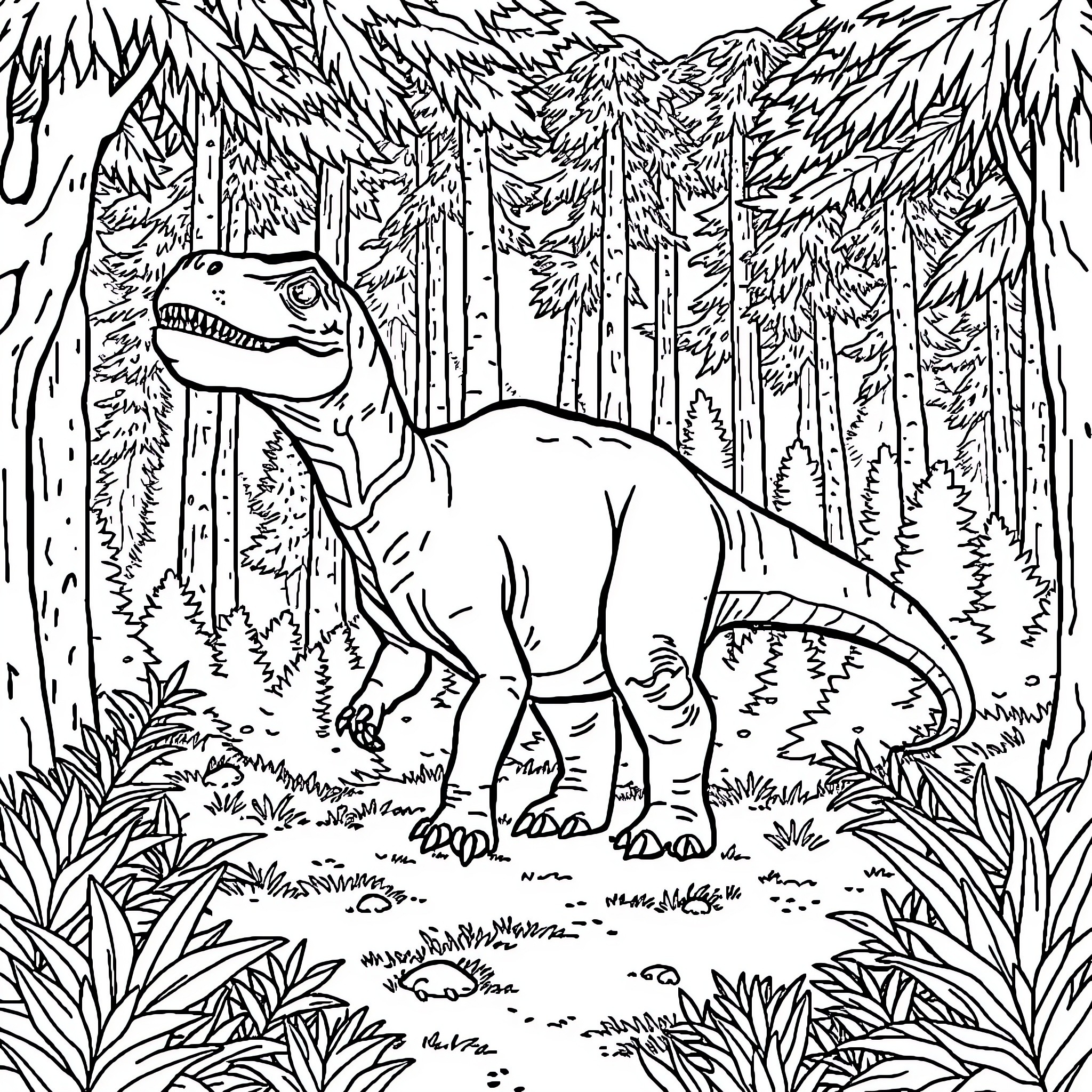 Dinosaur roaming through the lush forest Coloring Page (free black-and-white line drawing printable PDF for all, from beginners to advanced learners, including children, teens, adults, and seniors)