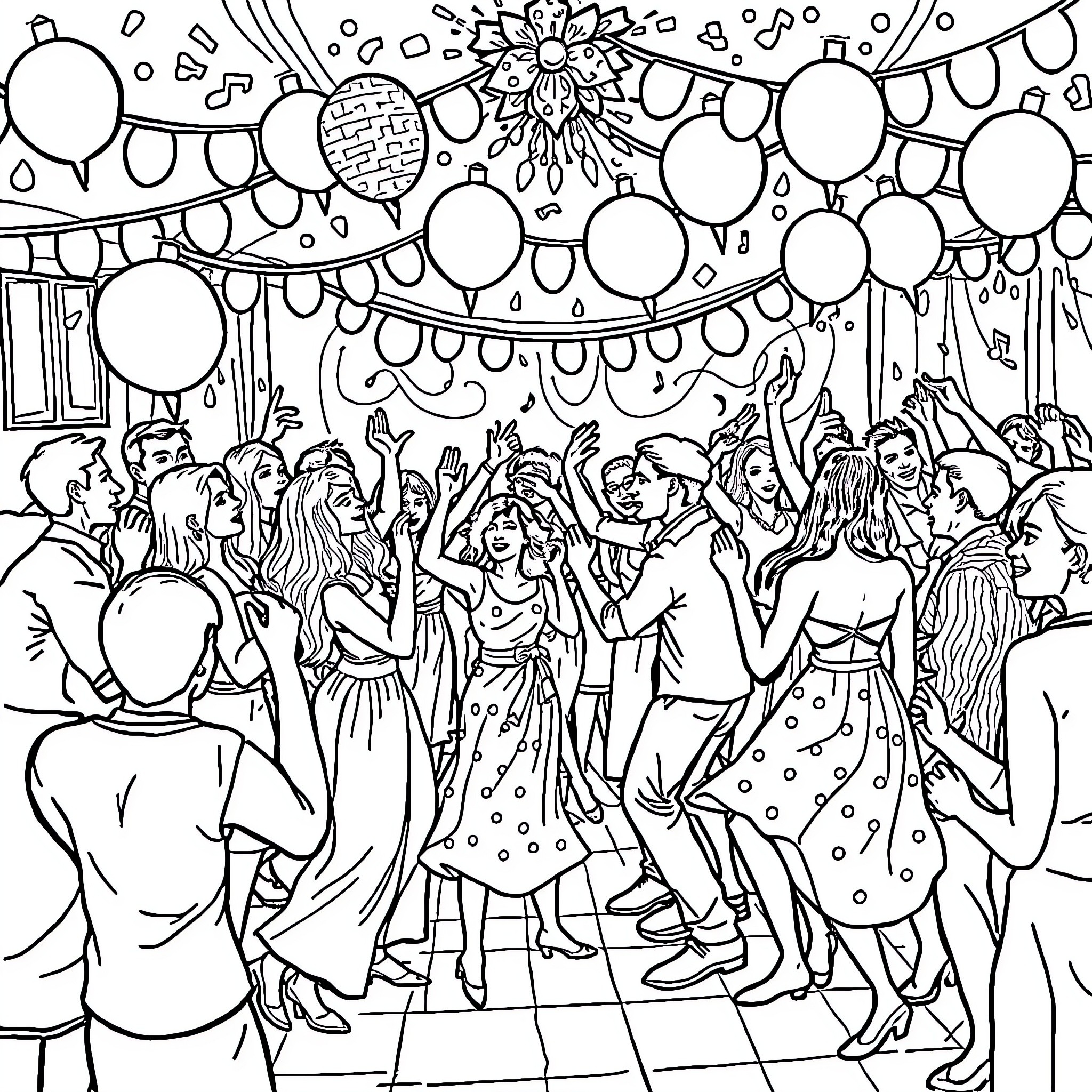 Party with lively celebration and decorative elements Coloring Page (free black-and-white line drawing printable PDF for all, from beginners to advanced learners, including children, teens, adults, and seniors)