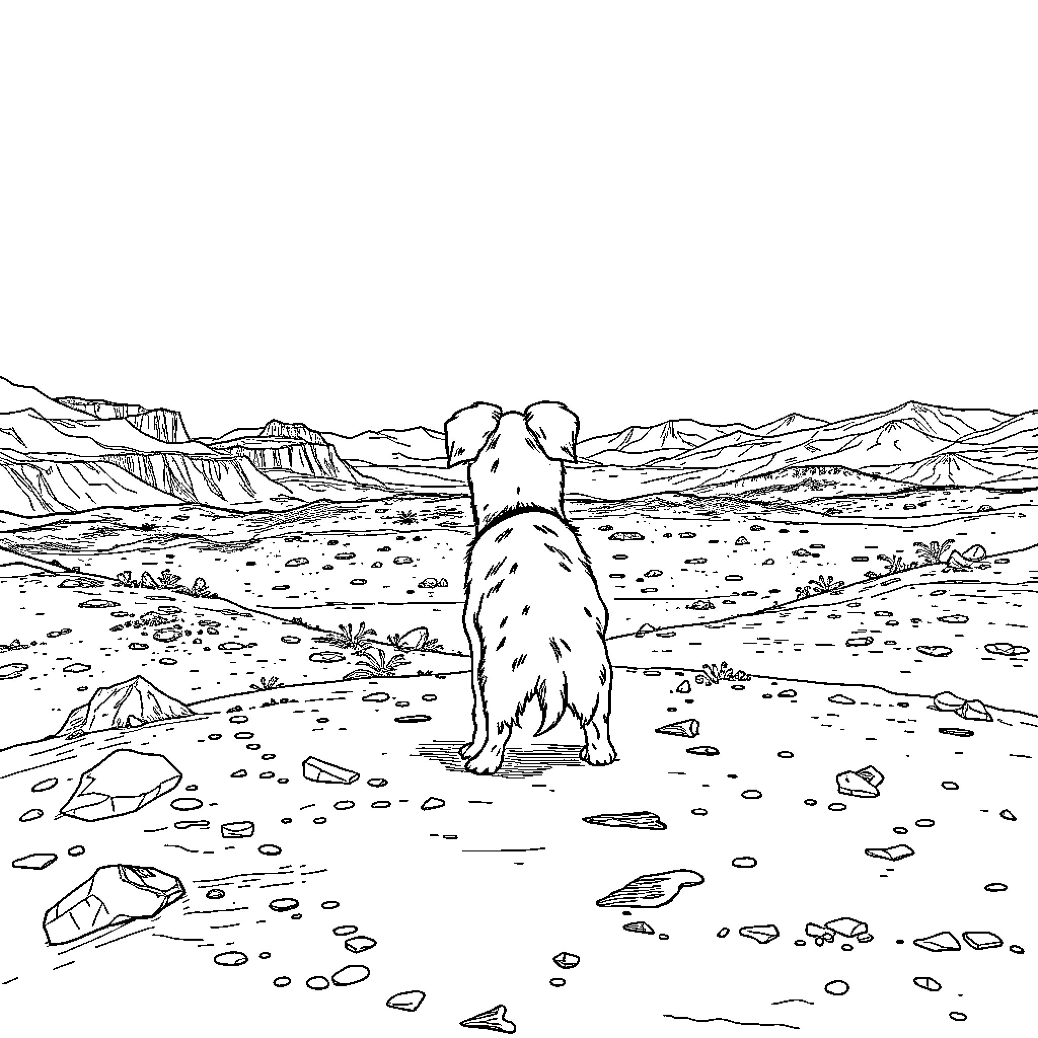 Dog overlooking a rugged landscape Coloring Page (free black-and-white line drawing printable PDF for all, from beginners to advanced learners, including children, teens, adults, and seniors)
