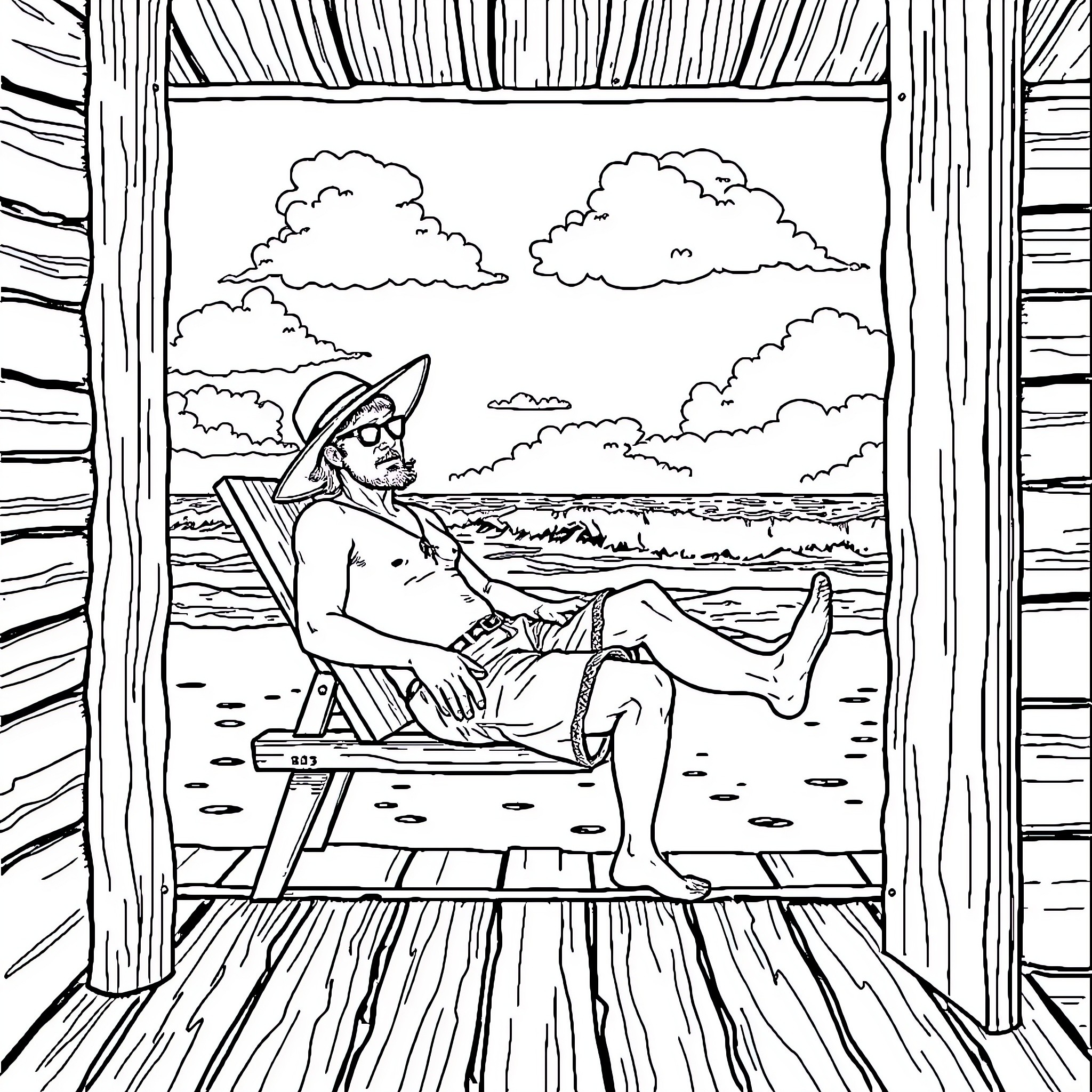 Beach Bum relaxing in the sun with a view Coloring Page (free black-and-white line drawing printable PDF for all, from beginners to advanced learners, including children, teens, adults, and seniors)