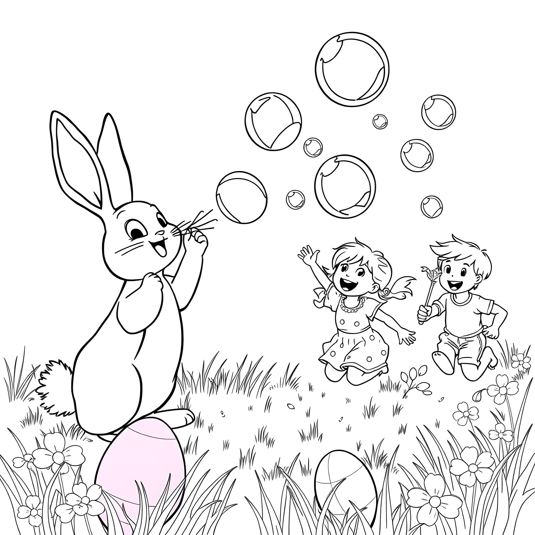 Bunny playing with kids in a field of flowers Coloring Page (free black-and-white line drawing printable PDF for all, from beginners to advanced learners, including children, teens, adults, and seniors)