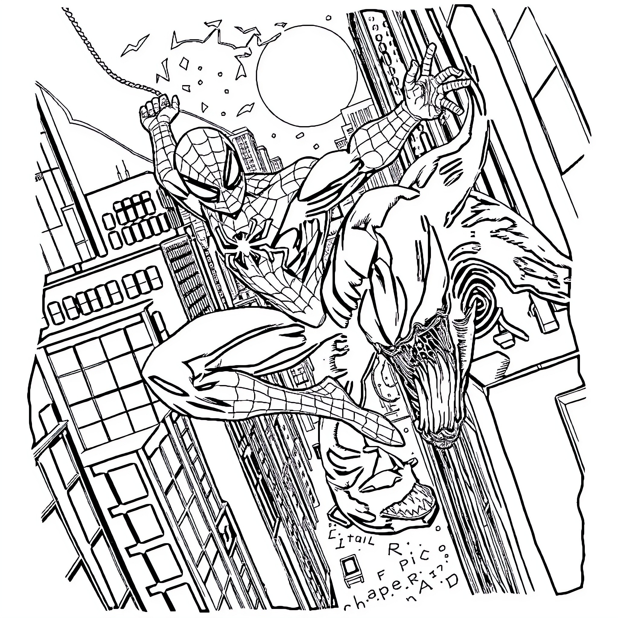 Spider-hero swinging through the city skyline Coloring Page (free black-and-white line drawing printable PDF for all, from beginners to advanced learners, including children, teens, adults, and seniors)