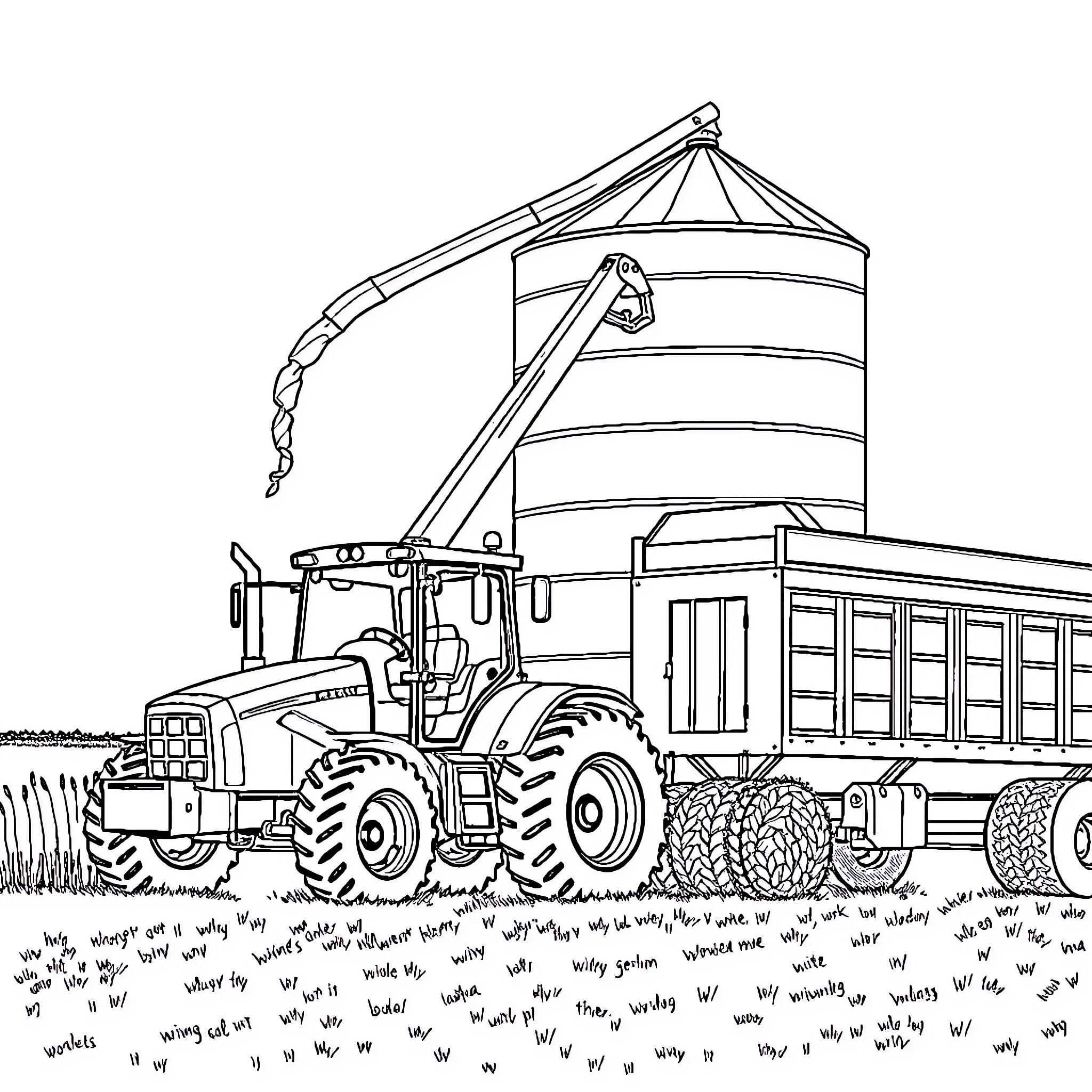 Tractor unloading grain into silo on farm Coloring Page (free black-and-white line drawing printable PDF for all, from beginners to advanced learners, including children, teens, adults, and seniors)