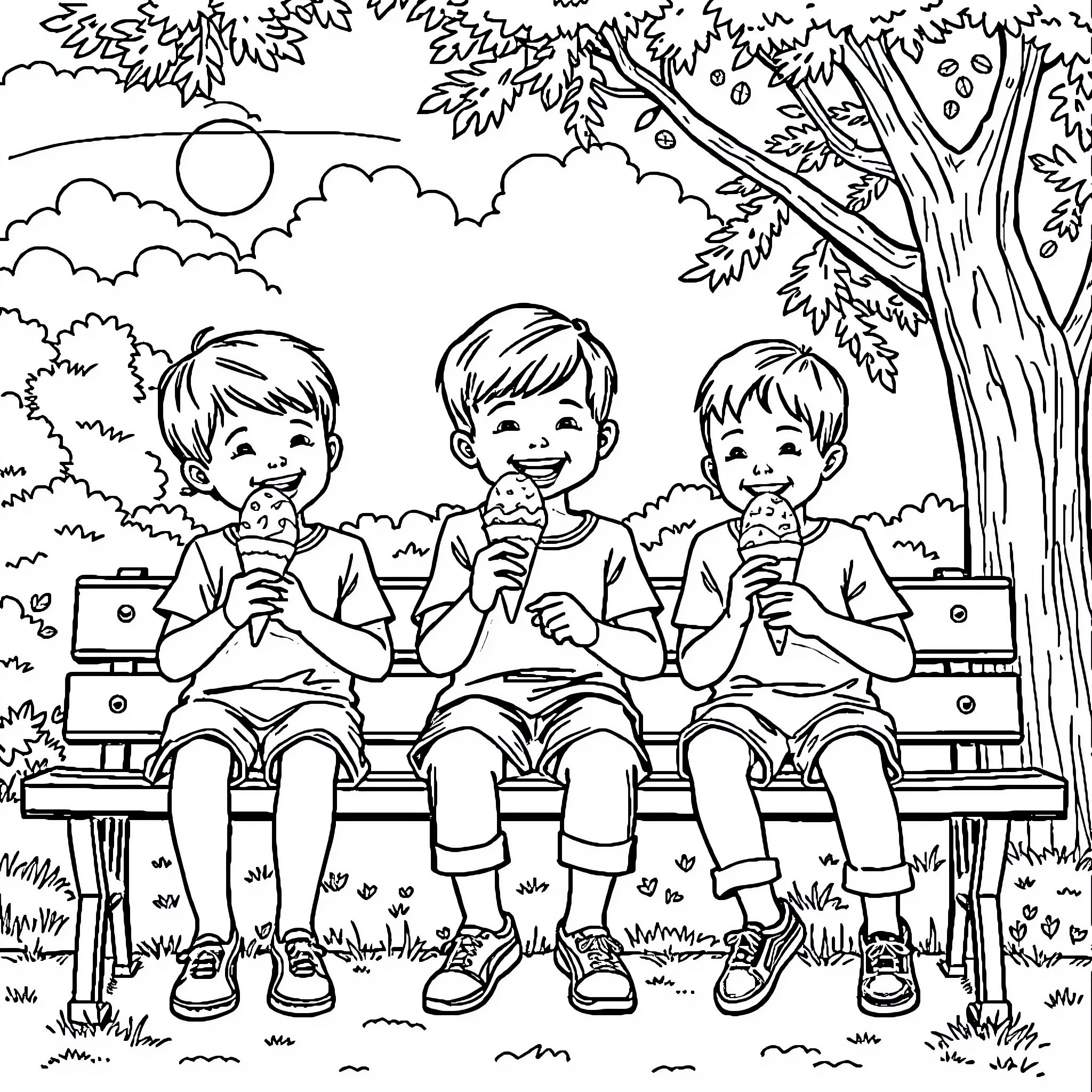 Kid Enjoying Ice Cream on a Sunny Day Coloring Page (free black-and-white line drawing printable PDF for all, from beginners to advanced learners, including children, teens, adults, and seniors)