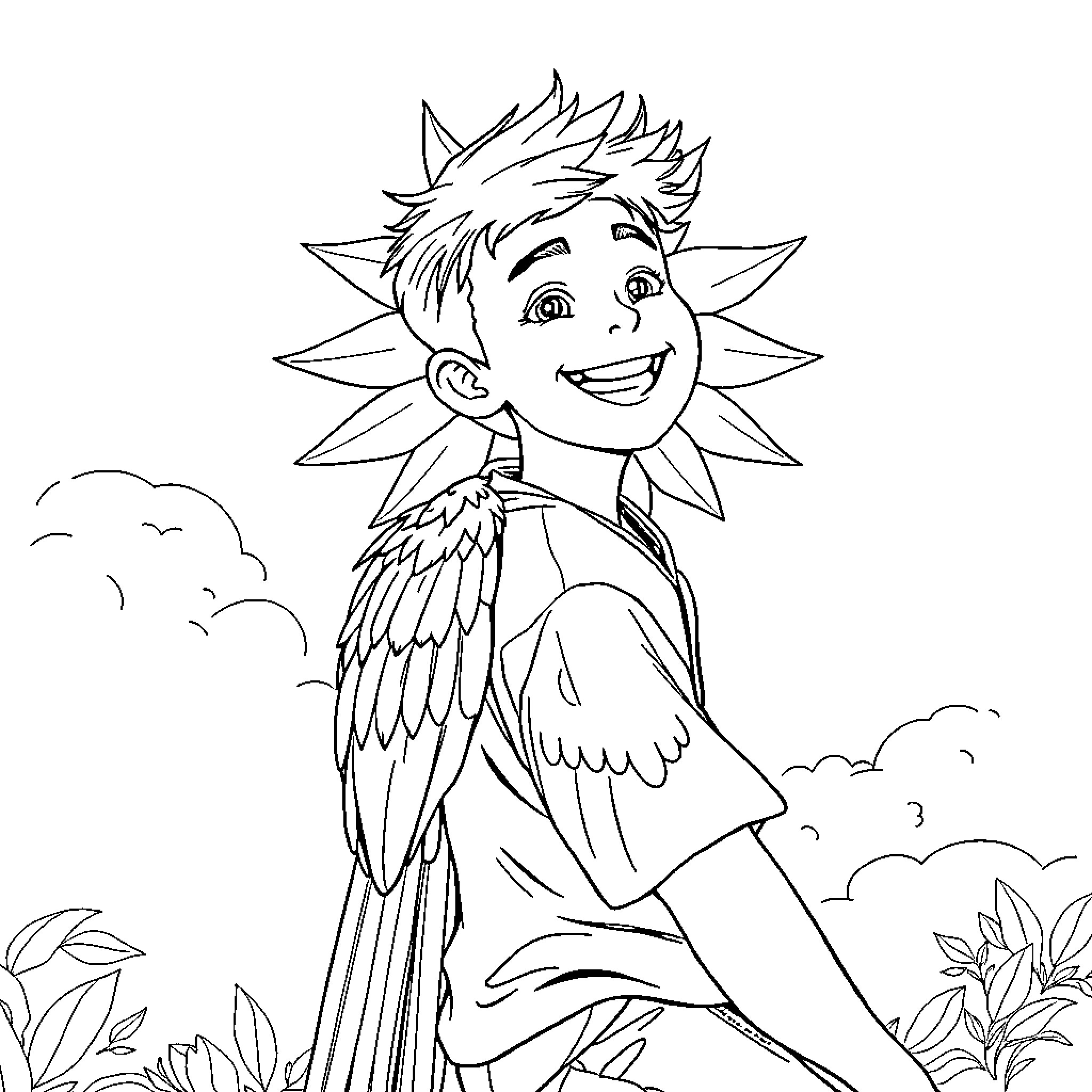 Boy with angelic wings enjoys nature's beauty Coloring Page (free black-and-white line drawing printable PDF for all, from beginners to advanced learners, including children, teens, adults, and seniors)