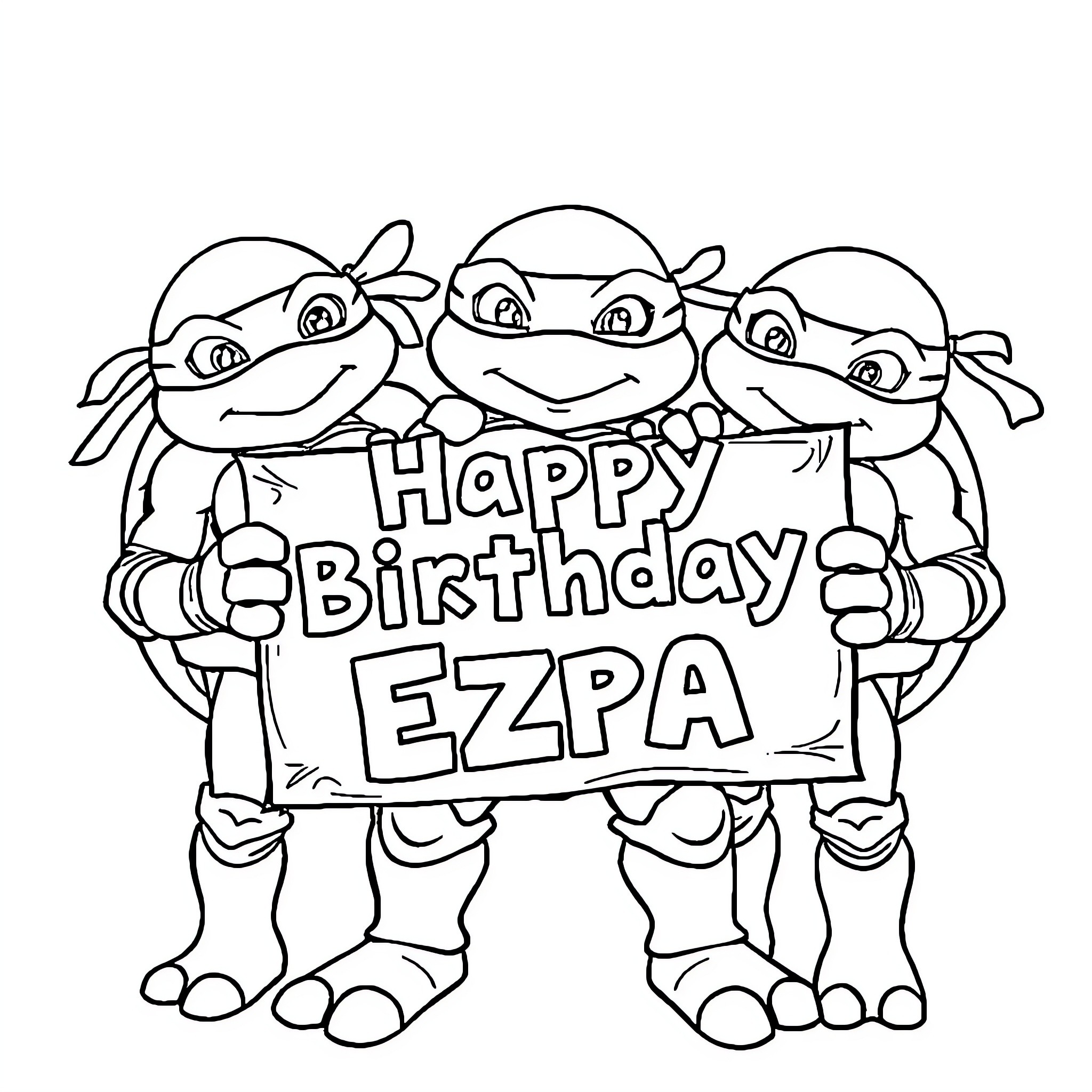 Ninja Turtles Celebrating a Birthday Coloring Page (free black-and-white line drawing printable PDF for all, from beginners to advanced learners, including children, teens, adults, and seniors)