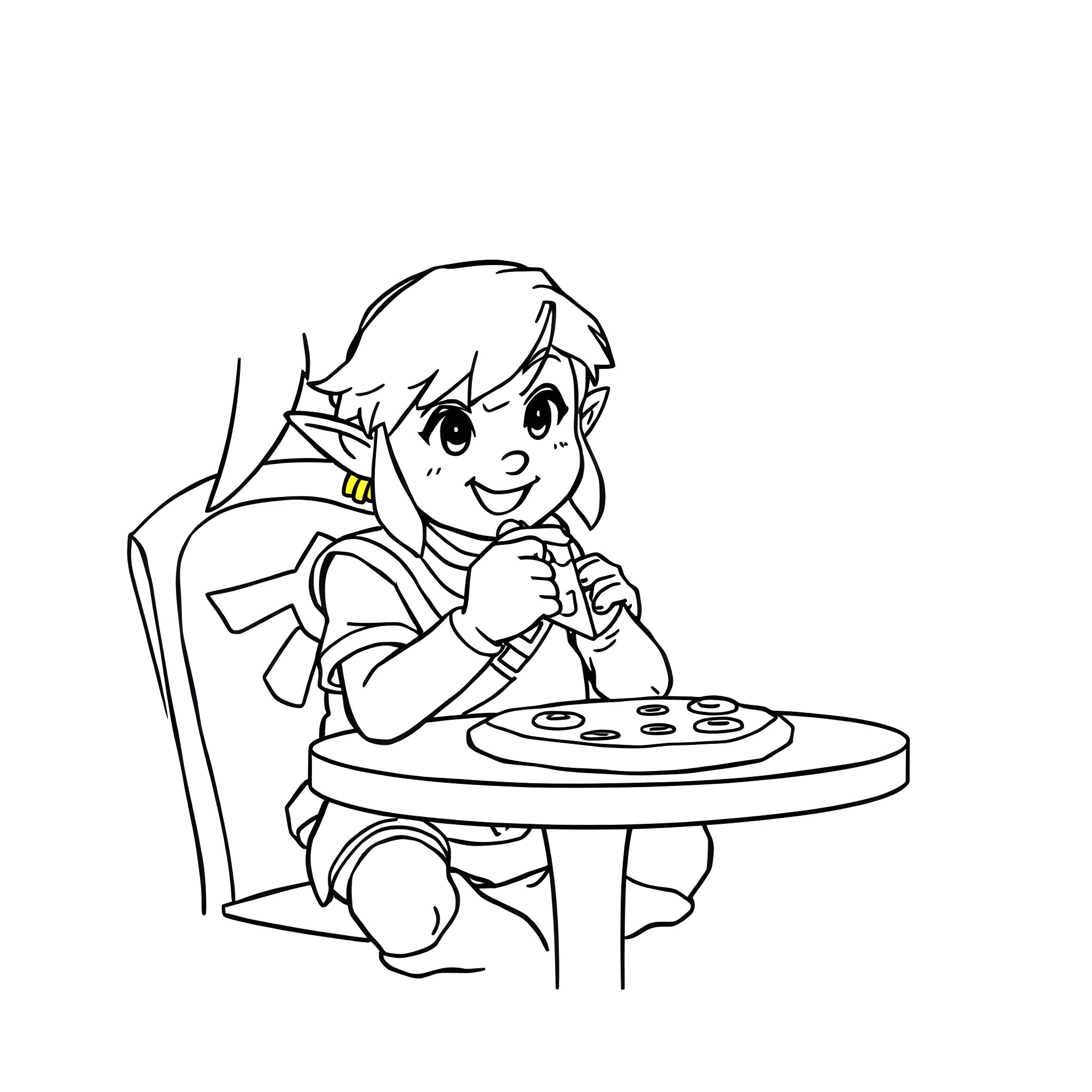 Link playing video game controller happily Coloring Page (free black-and-white line drawing printable PDF for all, from beginners to advanced learners, including children, teens, adults, and seniors)