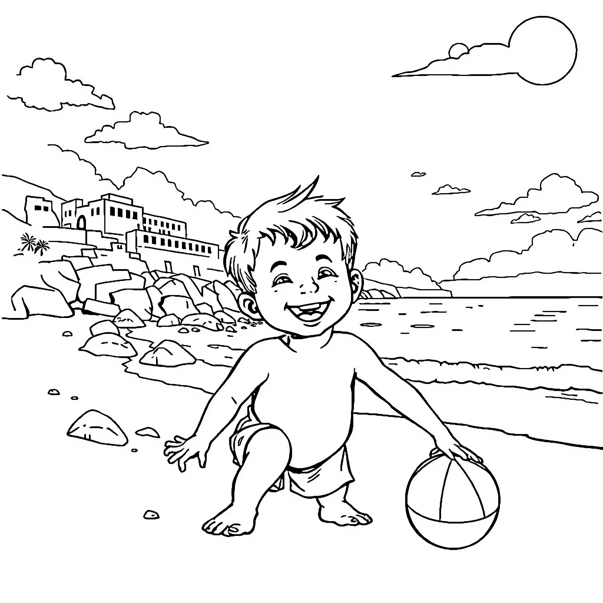 Kid playing happily on the beach Coloring Page (free black-and-white line drawing printable PDF for all, from beginners to advanced learners, including children, teens, adults, and seniors)