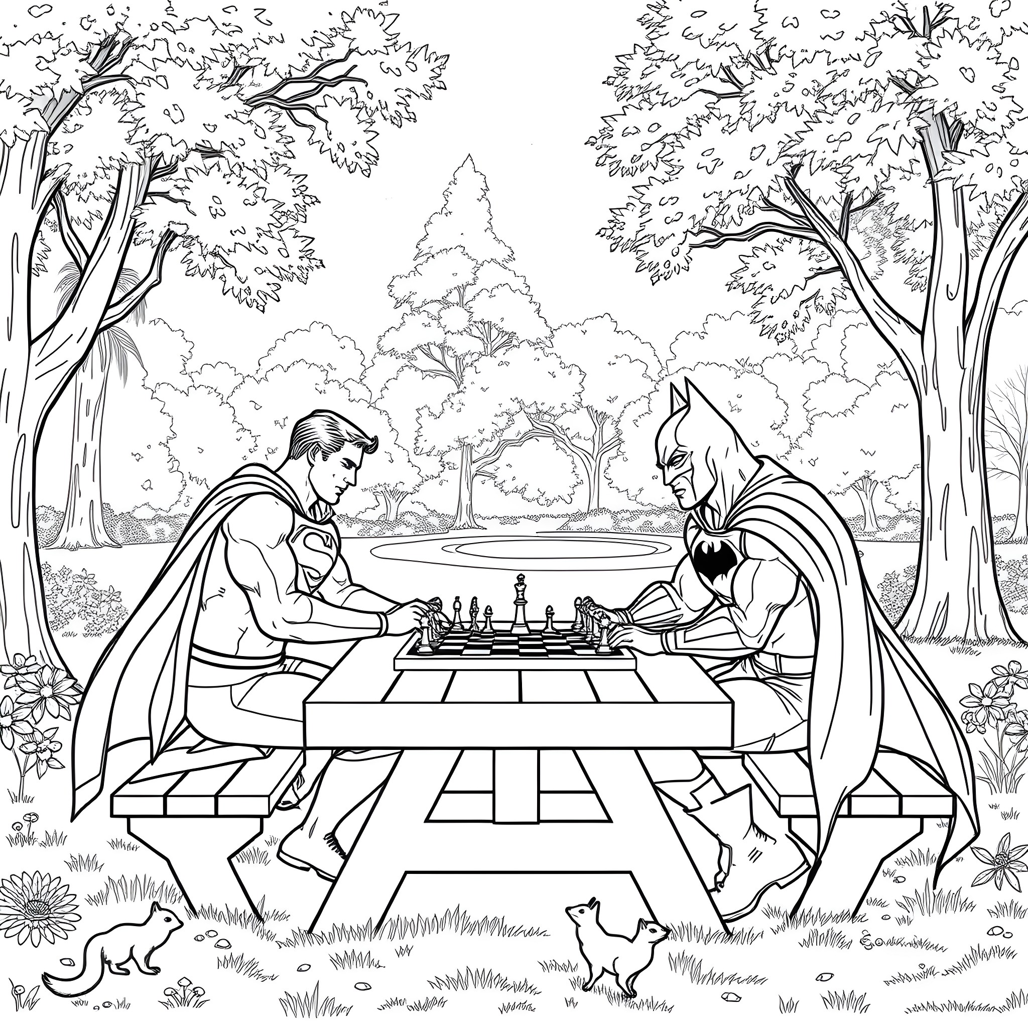 Superman playing chess with a superhero friend in a magical forest Coloring Page (free black-and-white line drawing printable PDF for all, from beginners to advanced learners, including children, teens, adults, and seniors)