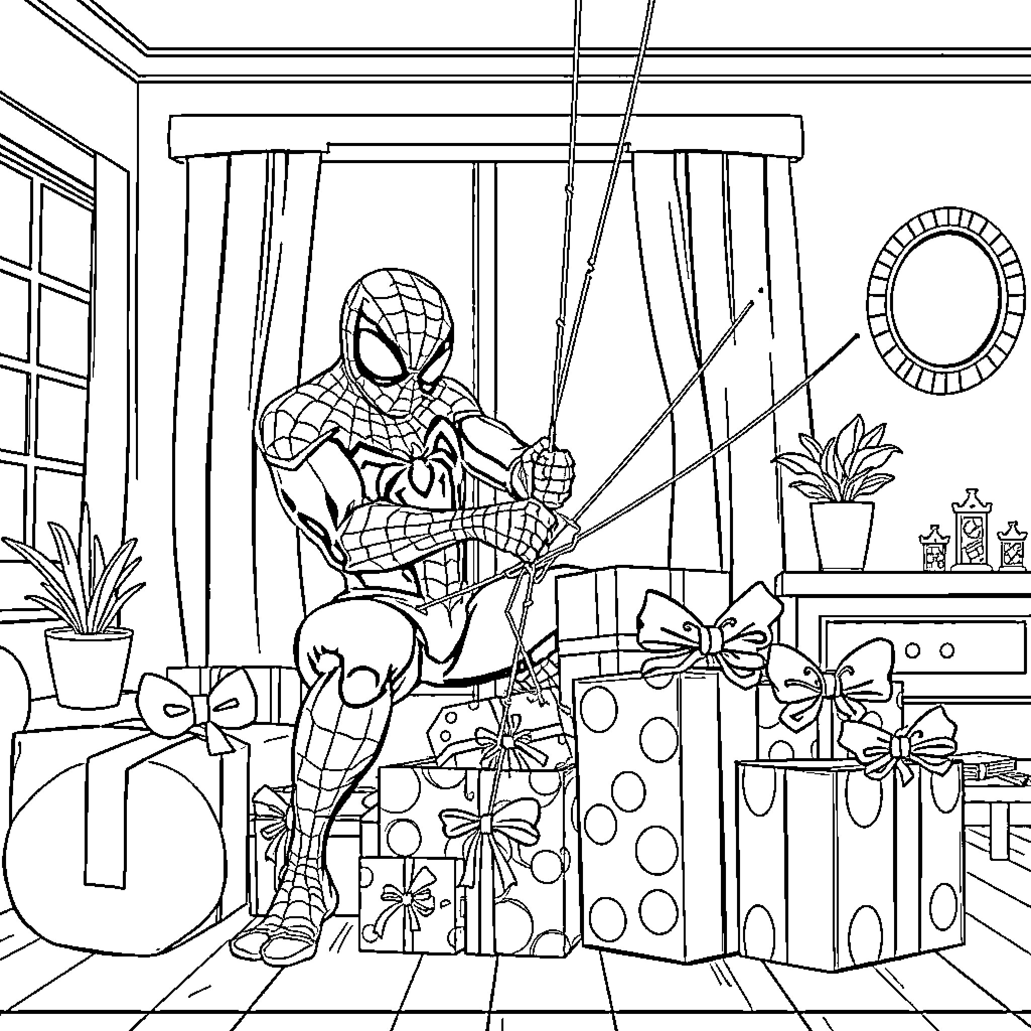 Spiderman surrounded by gifts and decorations Coloring Page (free black-and-white line drawing printable PDF for all, from beginners to advanced learners, including children, teens, adults, and seniors)