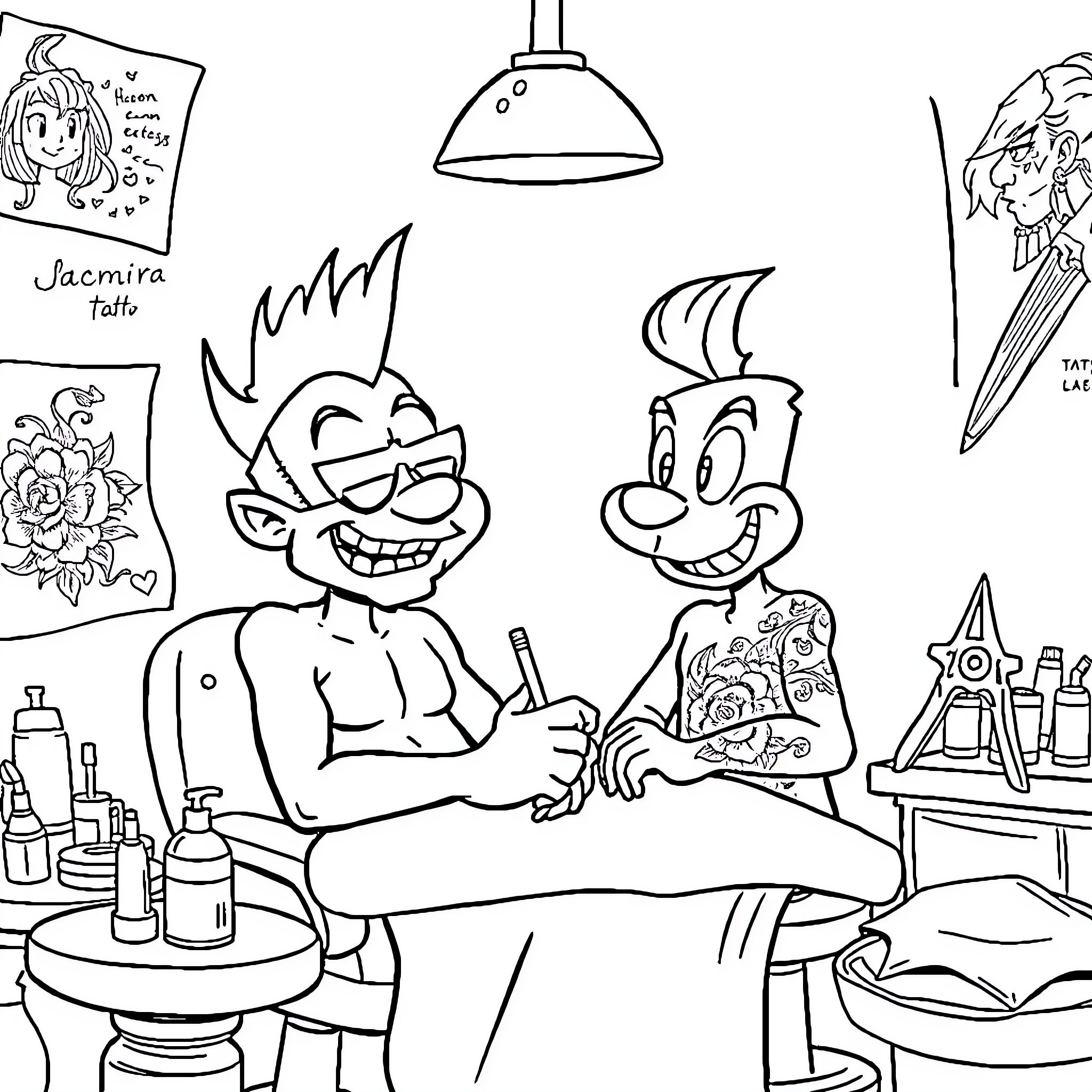 Ren and Stimpy getting a tattoo in the studio Coloring Page (free black-and-white line drawing printable PDF for all, from beginners to advanced learners, including children, teens, adults, and seniors)