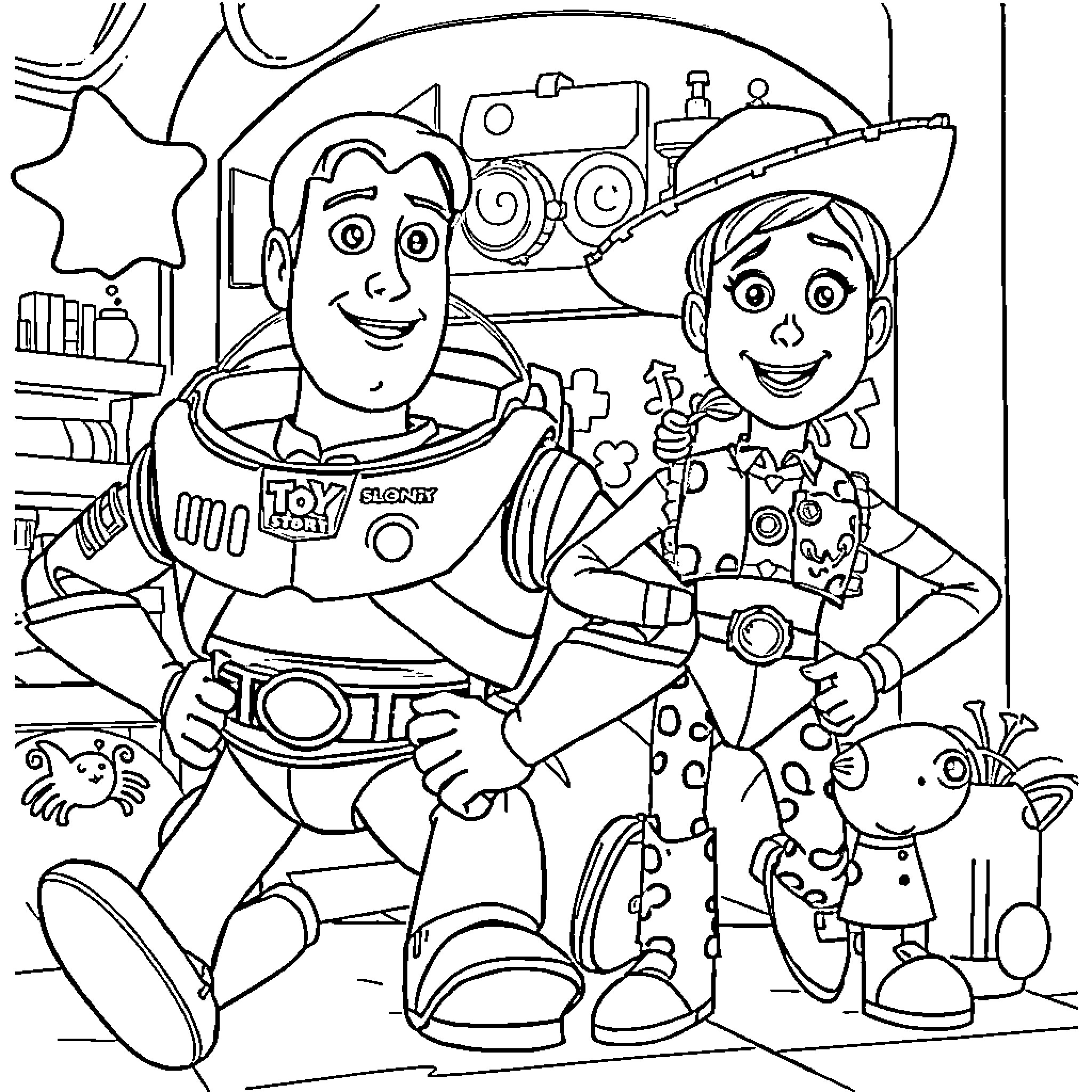 Toy Story Characters Playing Together Coloring Page (free black-and-white line drawing printable PDF for all, from beginners to advanced learners, including children, teens, adults, and seniors)