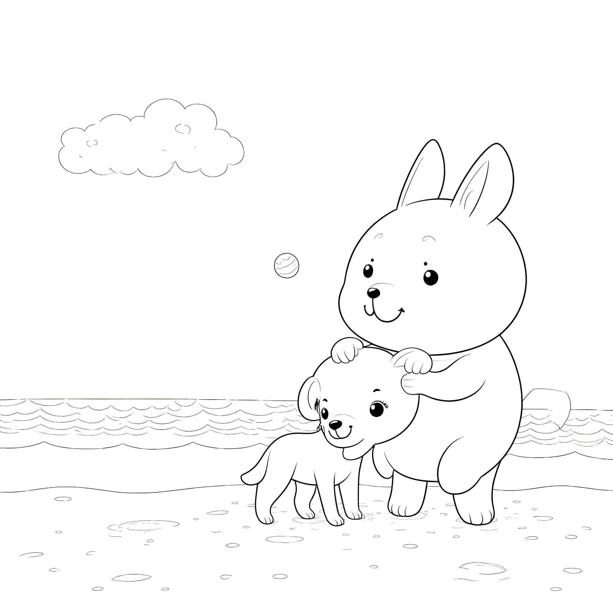 Cocomelon bunnies playing by the sea Coloring Page (free black-and-white line drawing printable PDF for all, from beginners to advanced learners, including children, teens, adults, and seniors)