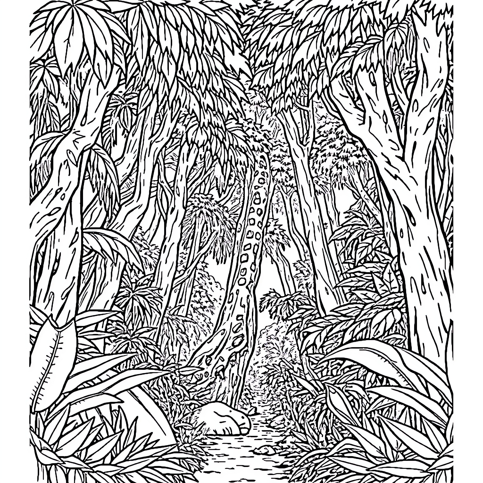 Adventure through the Lush Jungle Terrain Coloring Page (free black-and-white line drawing printable PDF for all, from beginners to advanced learners, including children, teens, adults, and seniors)