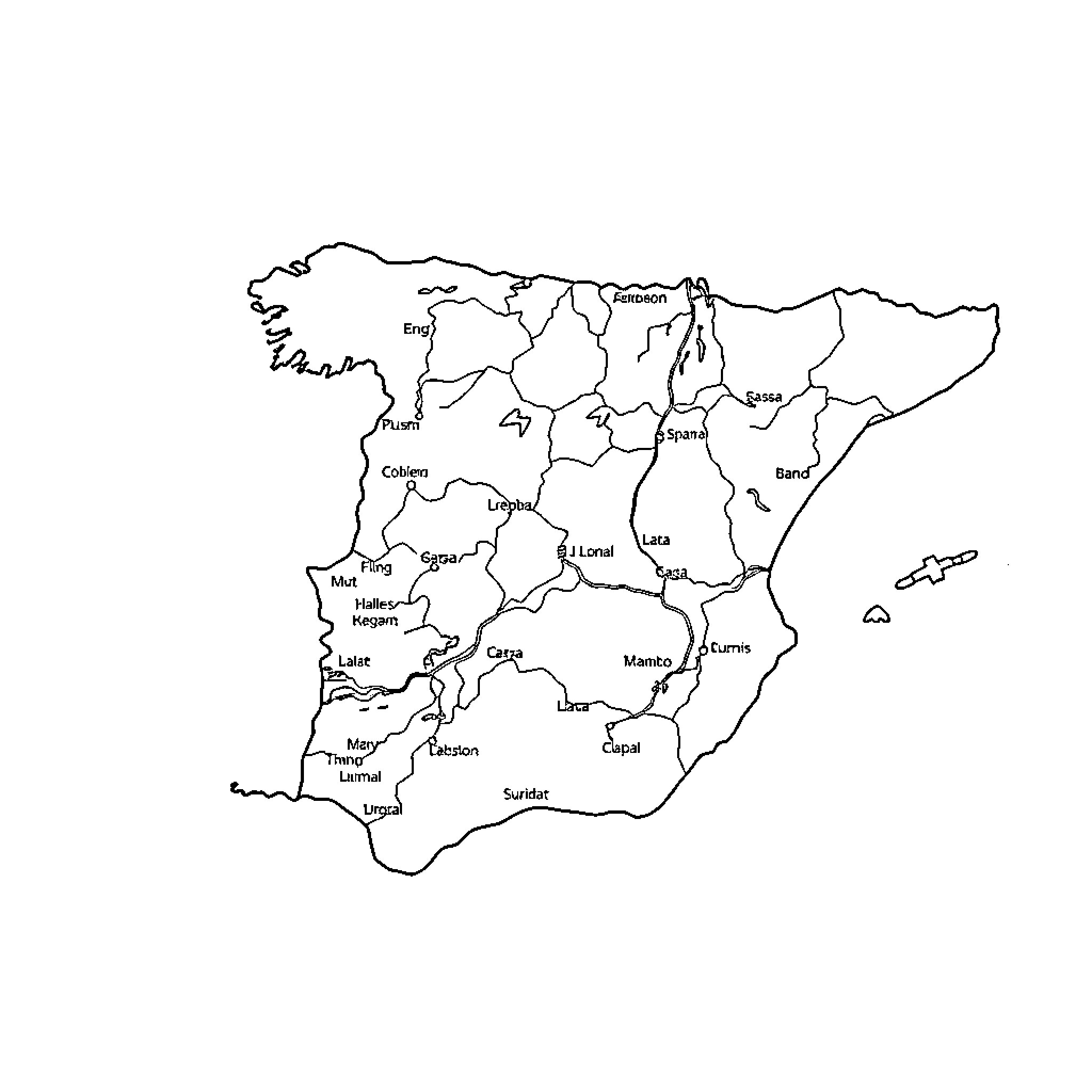 Spain's Geographical Outline with Regional Boundaries Coloring Page (free black-and-white line drawing printable PDF for all, from beginners to advanced learners, including children, teens, adults, and seniors)