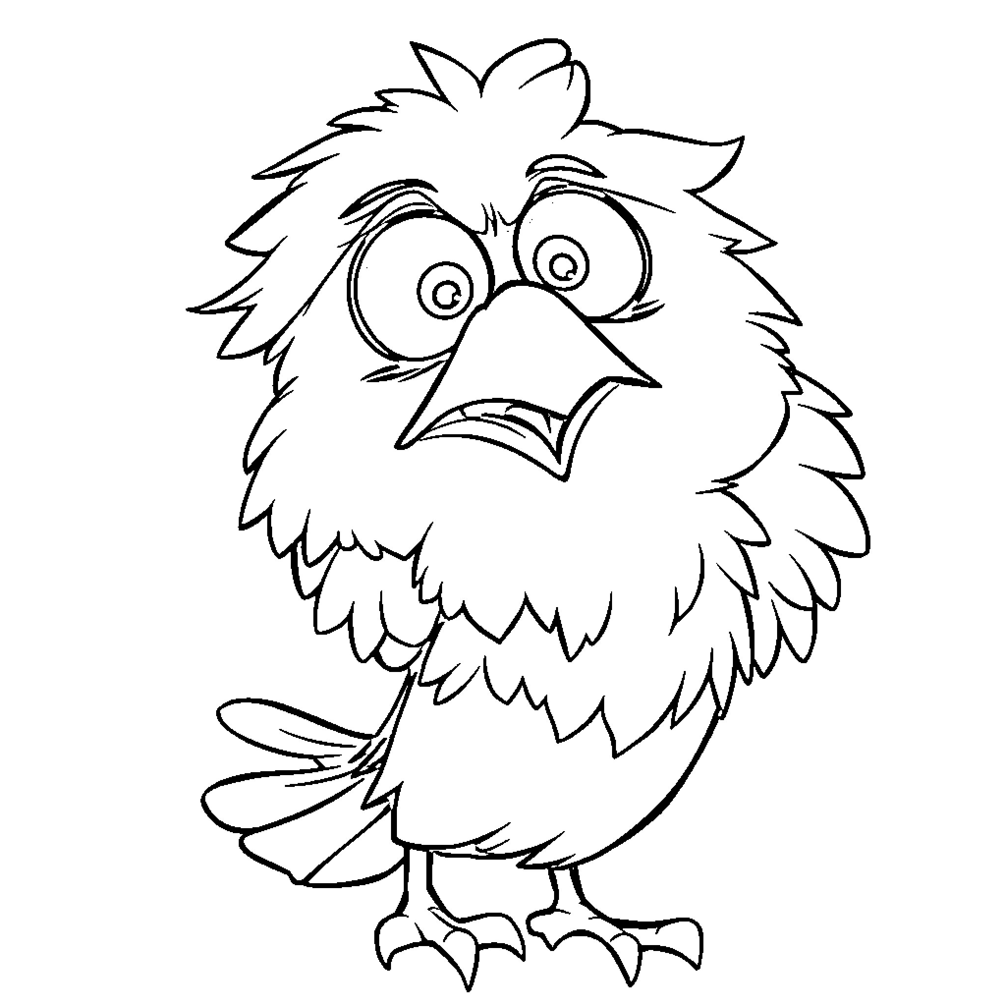 Crow with Comical Expression Coloring Page (free black-and-white line drawing printable PDF for all, from beginners to advanced learners, including children, teens, adults, and seniors)