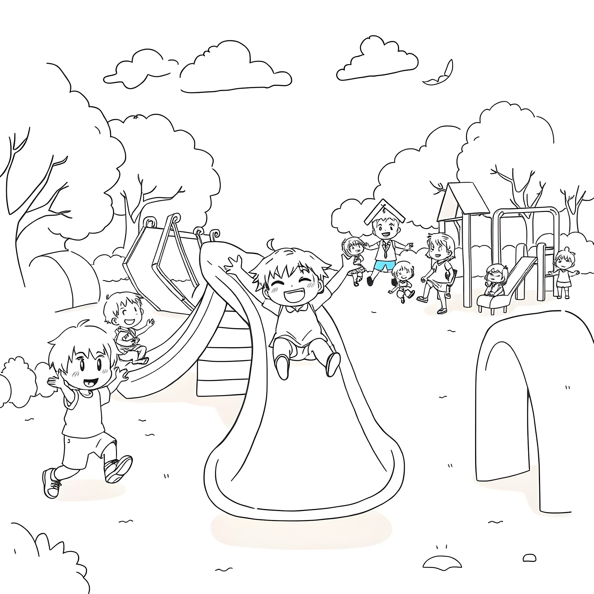 Kuromi enjoying a day at the playground with friends Coloring Page (free black-and-white line drawing printable PDF for all, from beginners to advanced learners, including children, teens, adults, and seniors)
