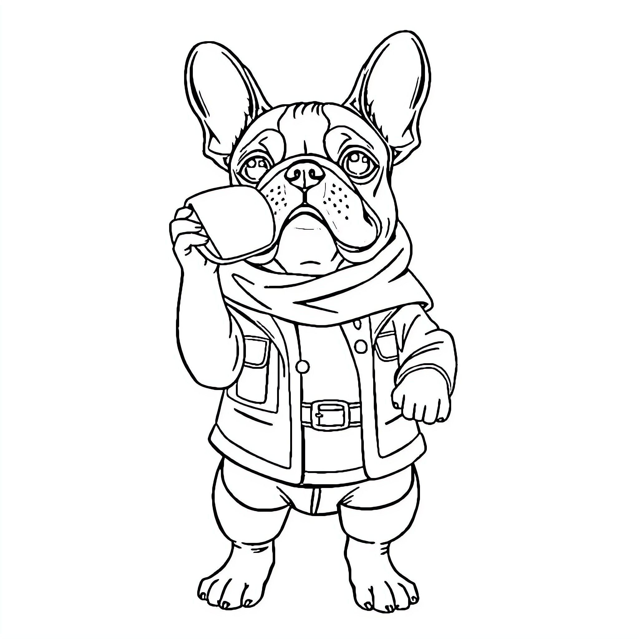 French Bulldog wearing winter outfit Coloring Page (free black-and-white line drawing printable PDF for all, from beginners to advanced learners, including children, teens, adults, and seniors)