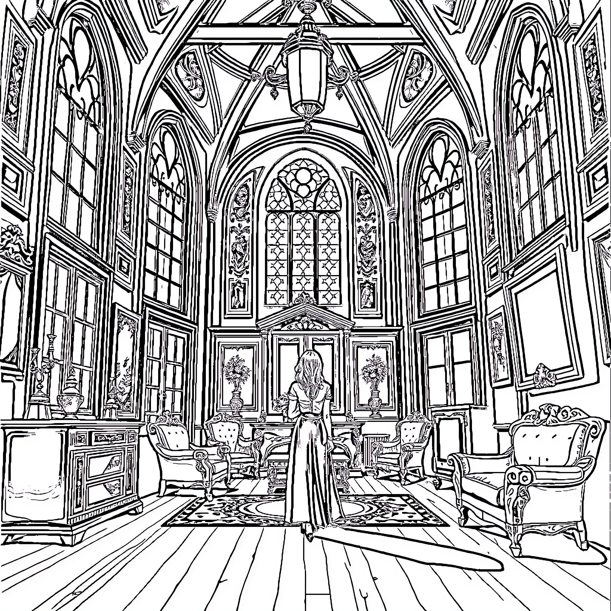 Woman in Ornate Gothic Palace Interior Coloring Page (free black-and-white line drawing printable PDF for all, from beginners to advanced learners, including children, teens, adults, and seniors)