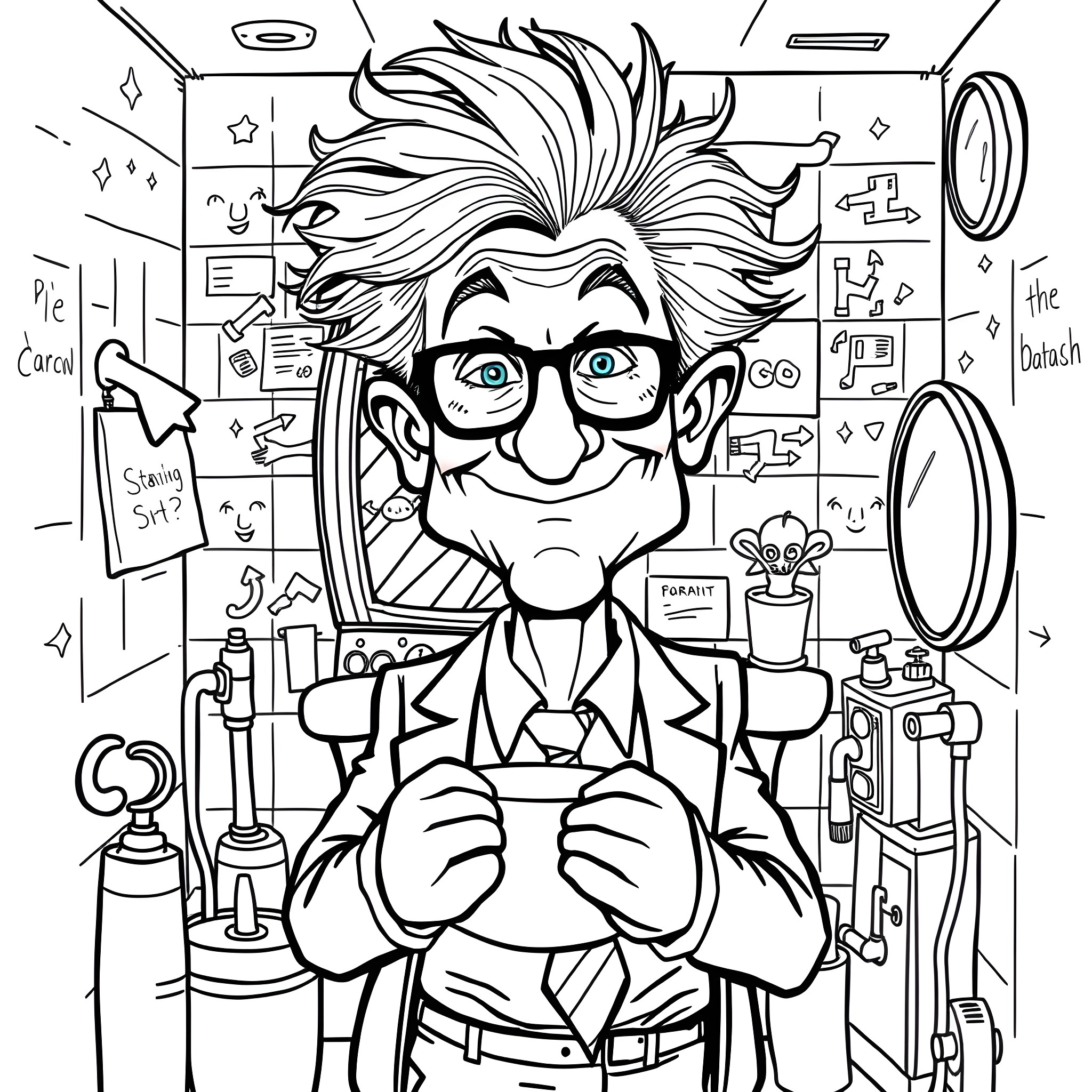 Donald Trump as a Crazy Scientist in His Laboratory Coloring Page (free black-and-white line drawing printable PDF for all, from beginners to advanced learners, including children, teens, adults, and seniors)