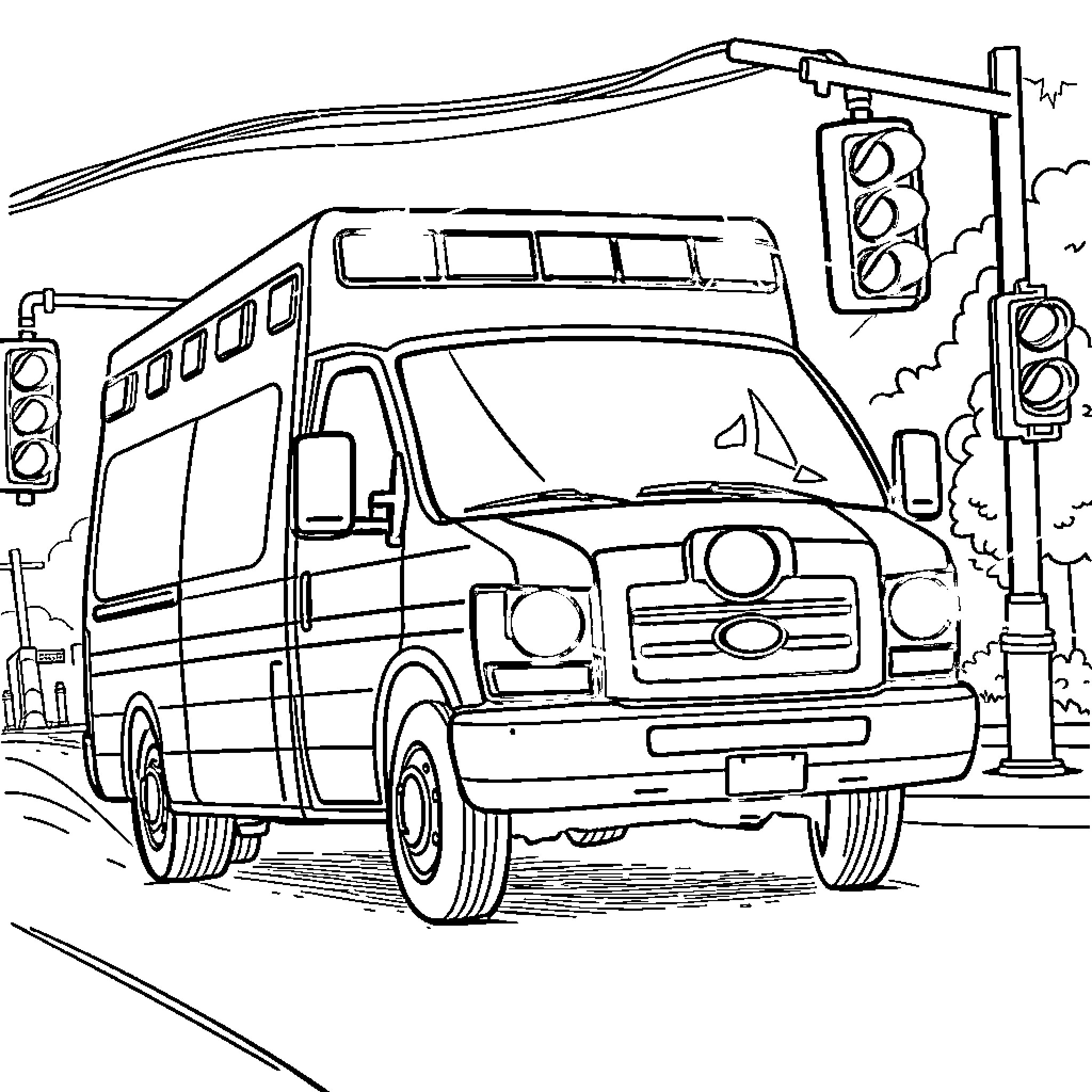 Ambulance responding to emergency call in the city Coloring Page (free black-and-white line drawing printable PDF for all, from beginners to advanced learners, including children, teens, adults, and seniors)