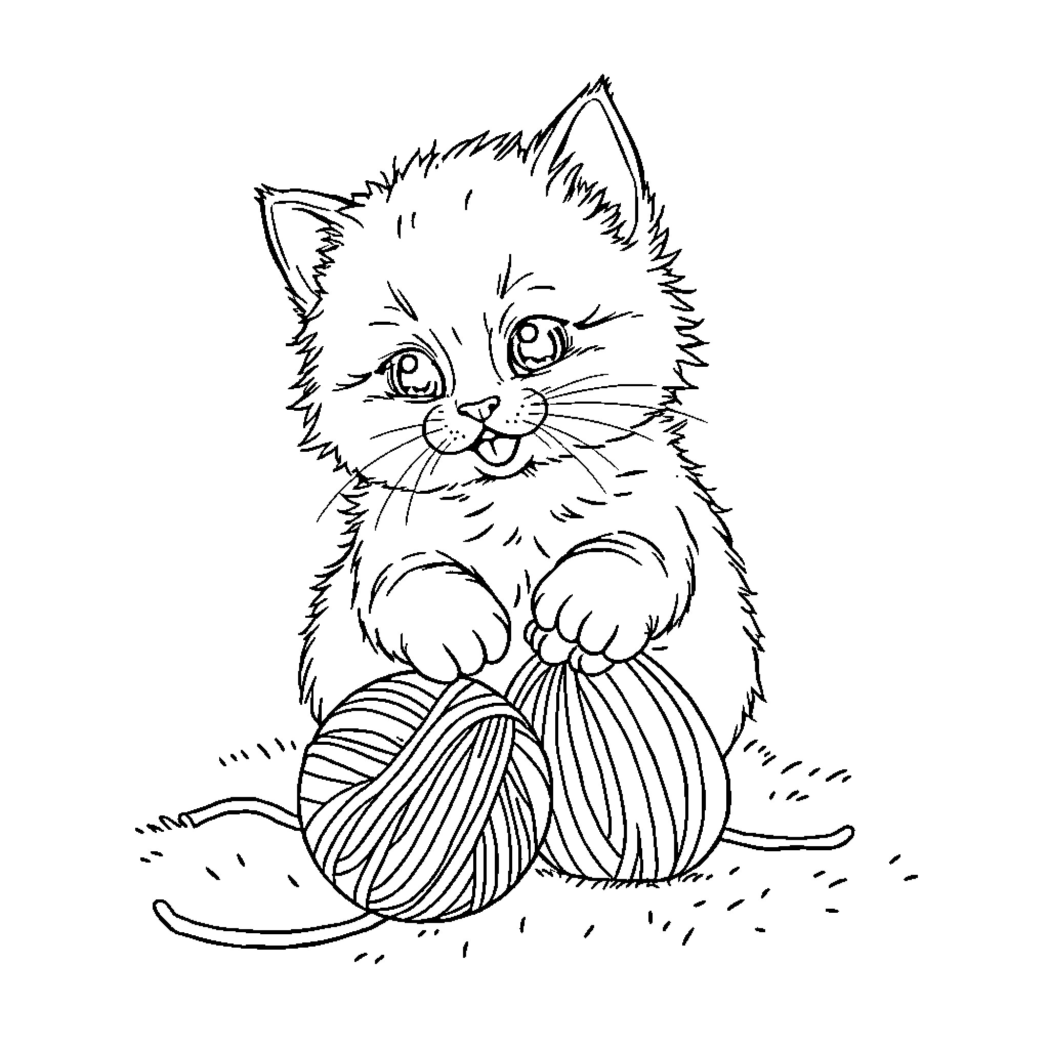 Kitty playing with yarn on the ground Coloring Page (free black-and-white line drawing printable PDF for all, from beginners to advanced learners, including children, teens, adults, and seniors)