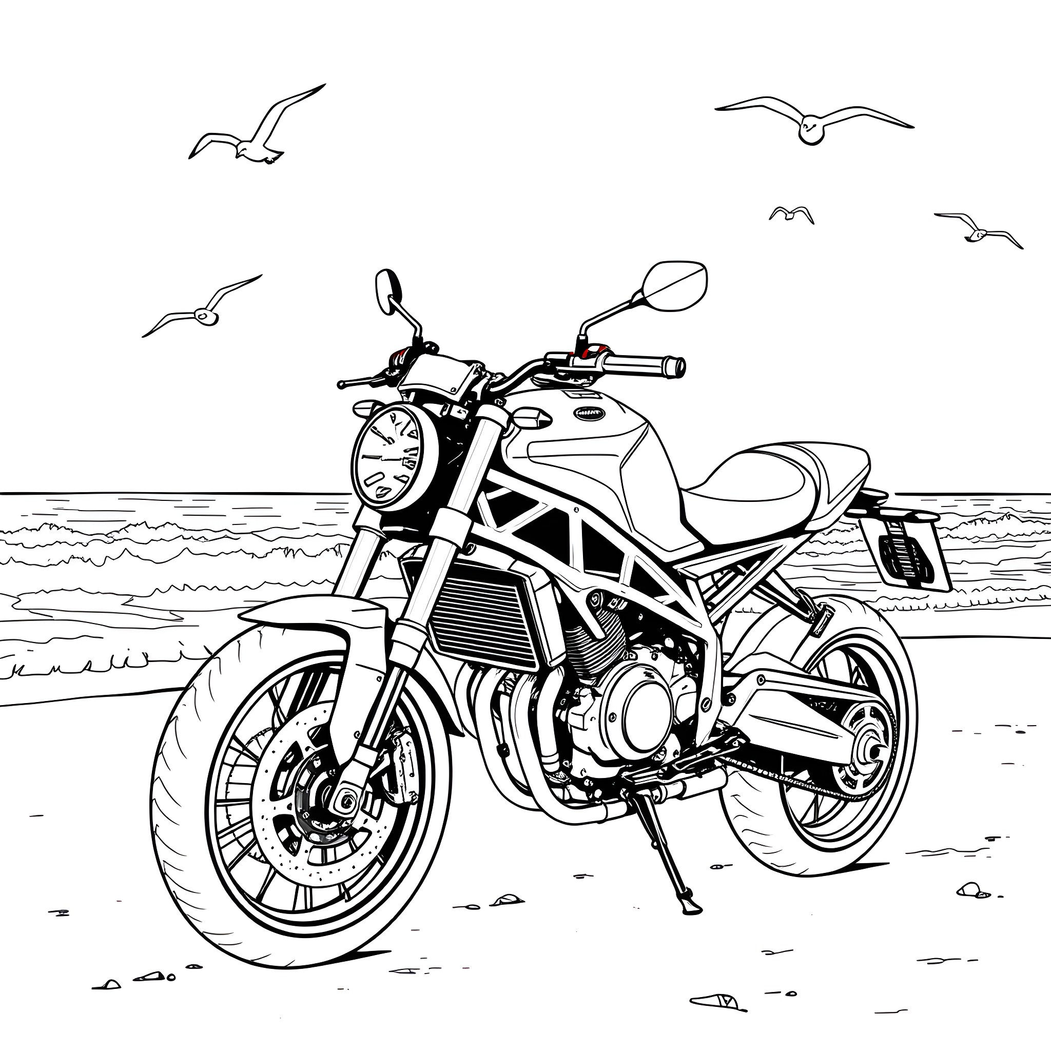 Ducati motorcycle on the beach with seagulls Coloring Page (free black-and-white line drawing printable PDF for all, from beginners to advanced learners, including children, teens, adults, and seniors)