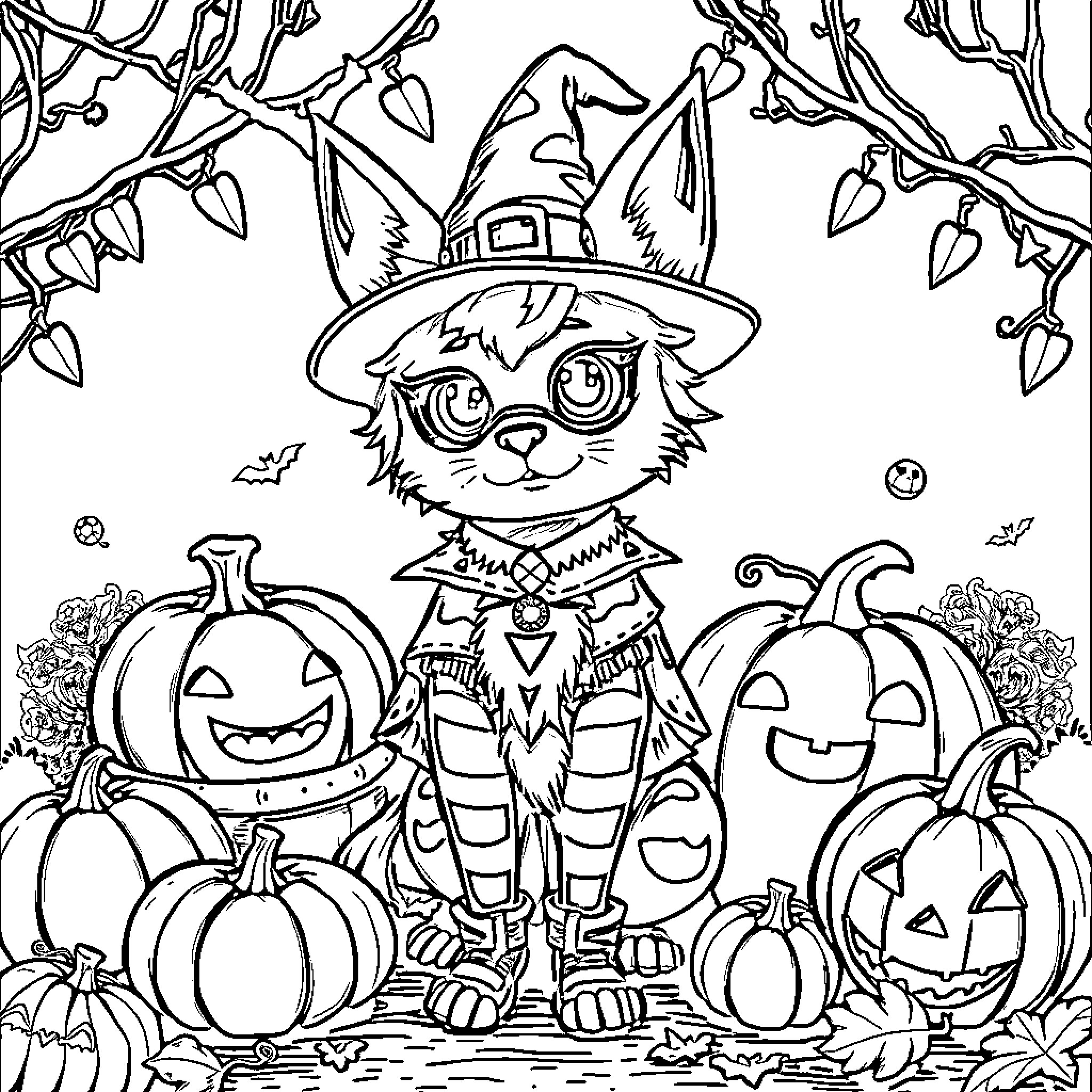 Huntrix Autumn Owl and Pumpkins Coloring Page (free black-and-white line drawing printable PDF for all, from beginners to advanced learners, including children, teens, adults, and seniors)