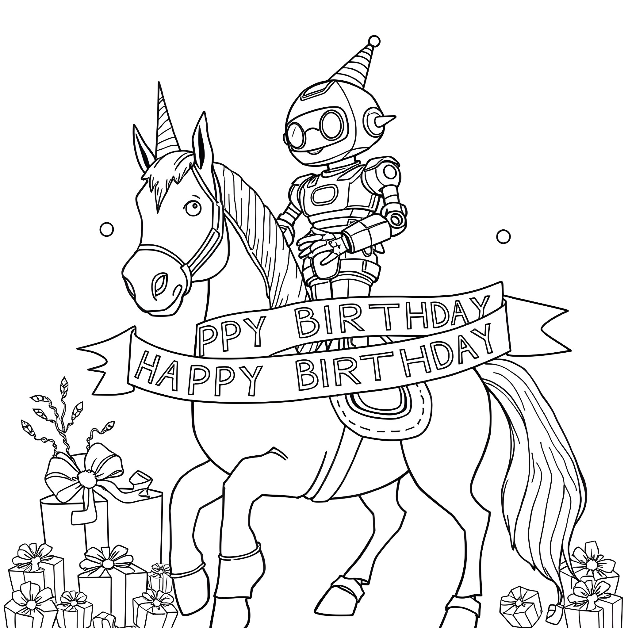Robot celebrating a birthday with a unicorn Coloring Page (free black-and-white line drawing printable PDF for all, from beginners to advanced learners, including children, teens, adults, and seniors)