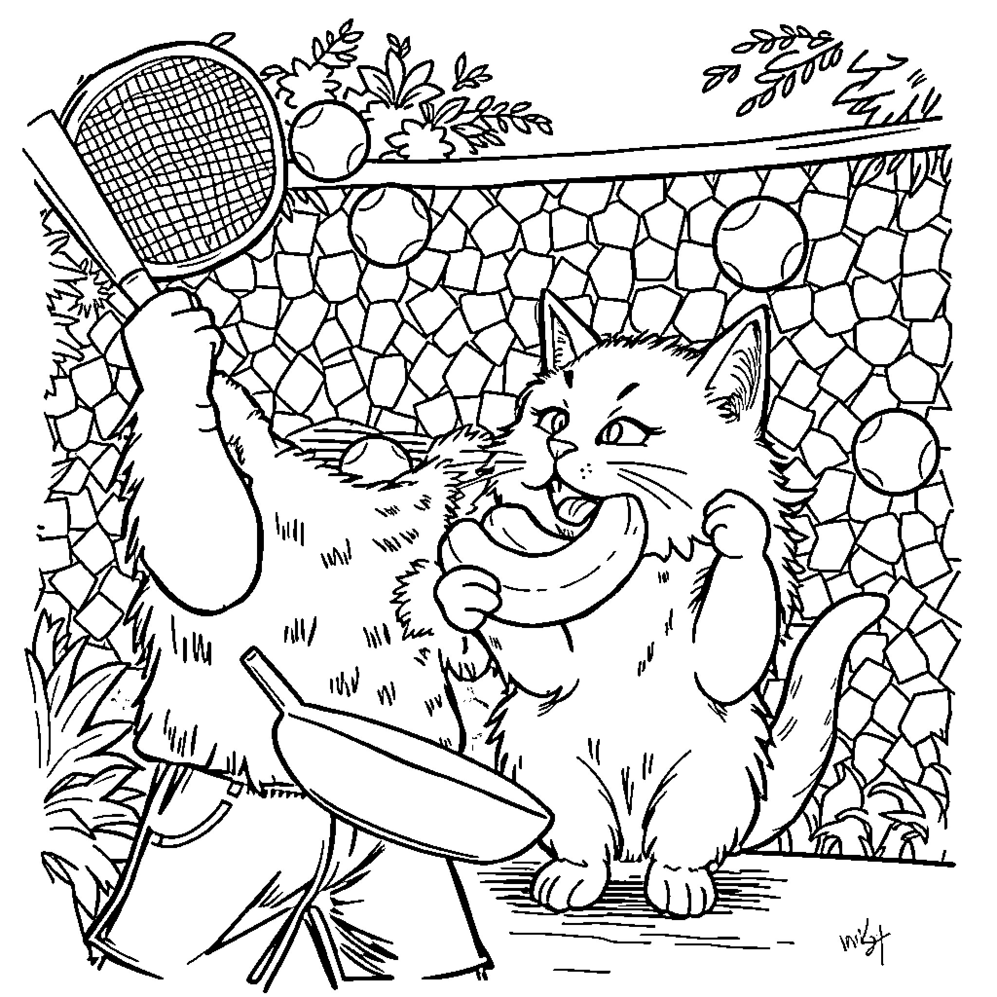 Cat playing with tennis racket in the garden Coloring Page (free black-and-white line drawing printable PDF for all, from beginners to advanced learners, including children, teens, adults, and seniors)