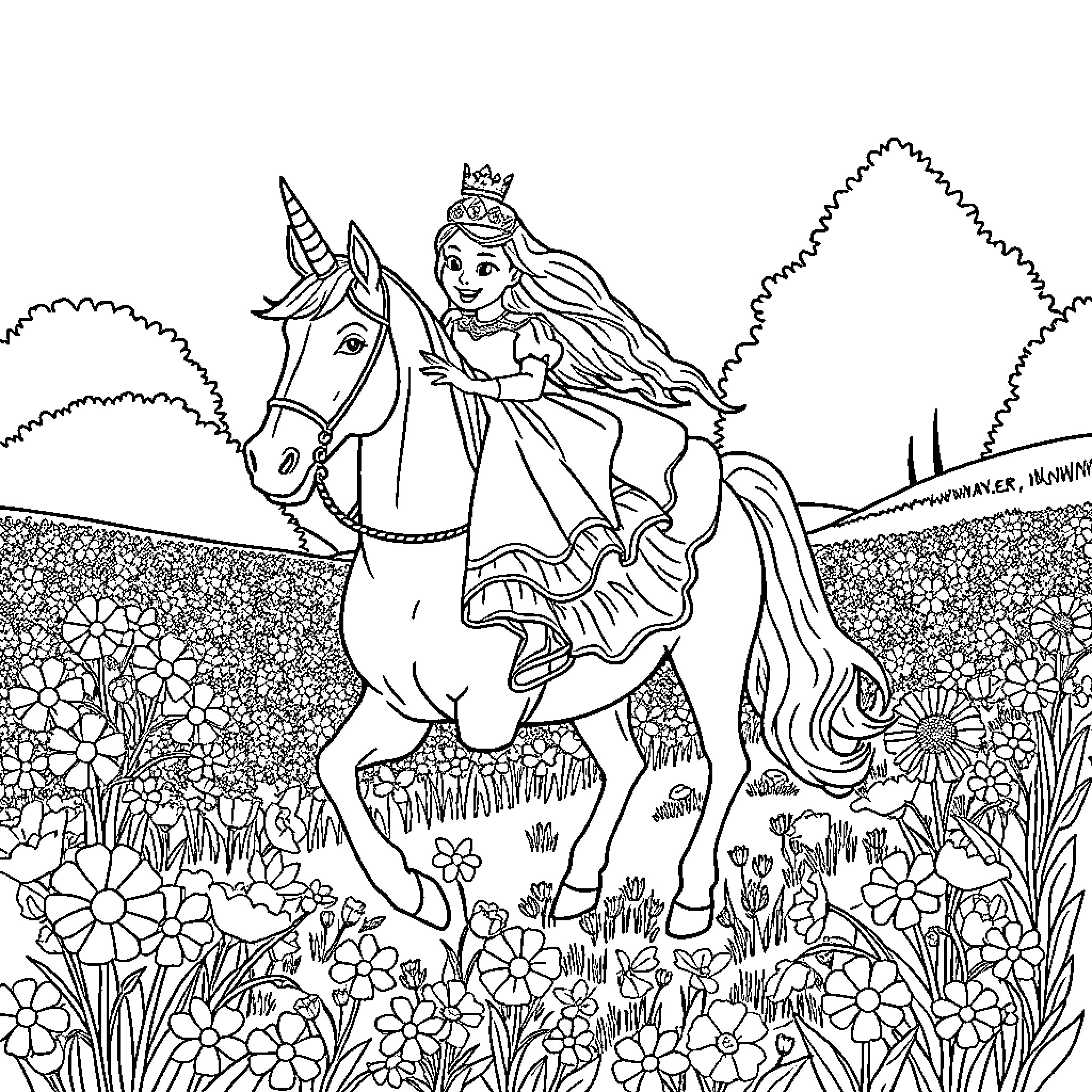 Princess Riding a Unicorn in Magical Meadow Coloring Page (free black-and-white line drawing printable PDF for all, from beginners to advanced learners, including children, teens, adults, and seniors)