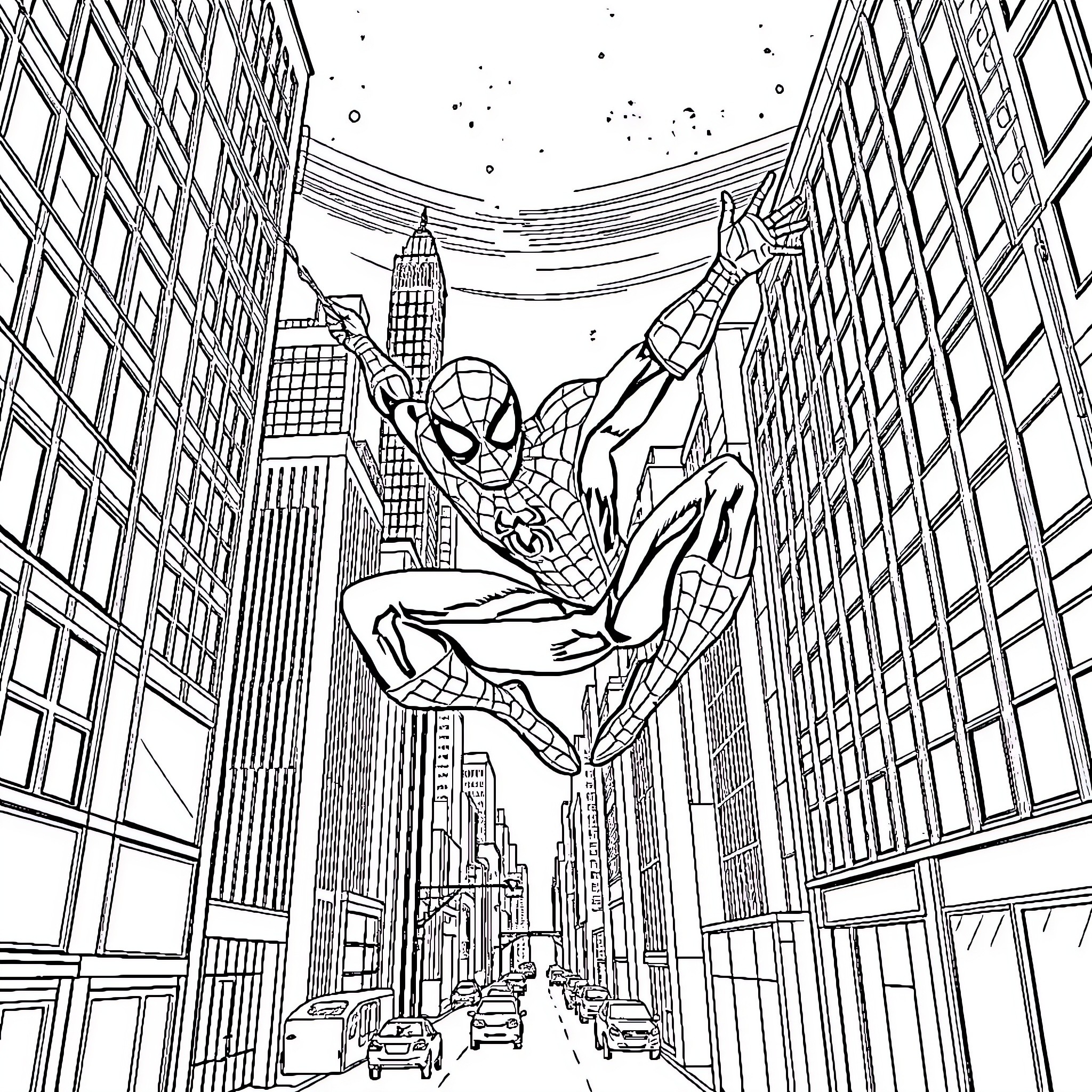 Spider-Man swinging through the city skyline Coloring Page (free black-and-white line drawing printable PDF for all, from beginners to advanced learners, including children, teens, adults, and seniors)