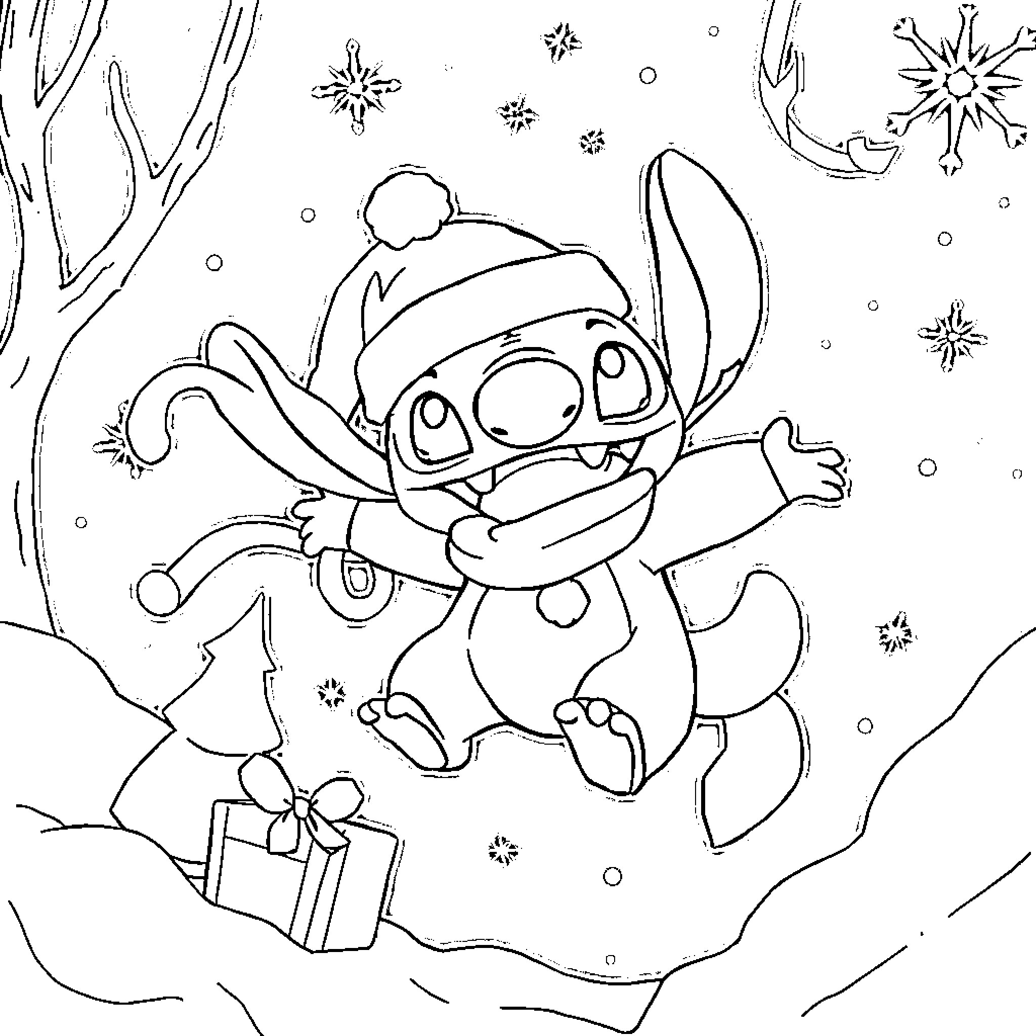 Pokémon Stitch Playing in Snowy Scene Coloring Page (free black-and-white line drawing printable PDF for all, from beginners to advanced learners, including children, teens, adults, and seniors)