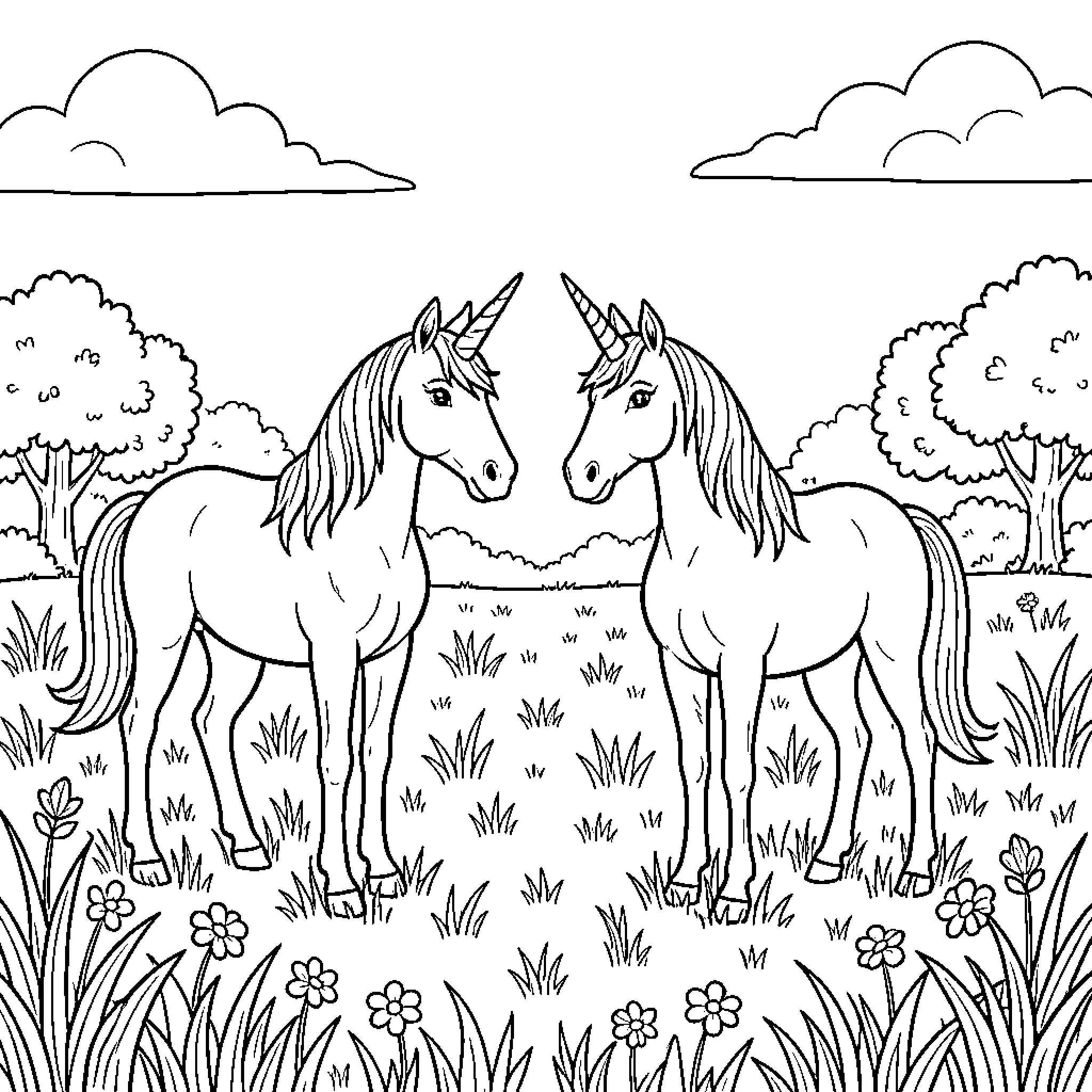 Unicorns standing together in a grassy meadow Coloring Page (free black-and-white line drawing printable PDF for all, from beginners to advanced learners, including children, teens, adults, and seniors)