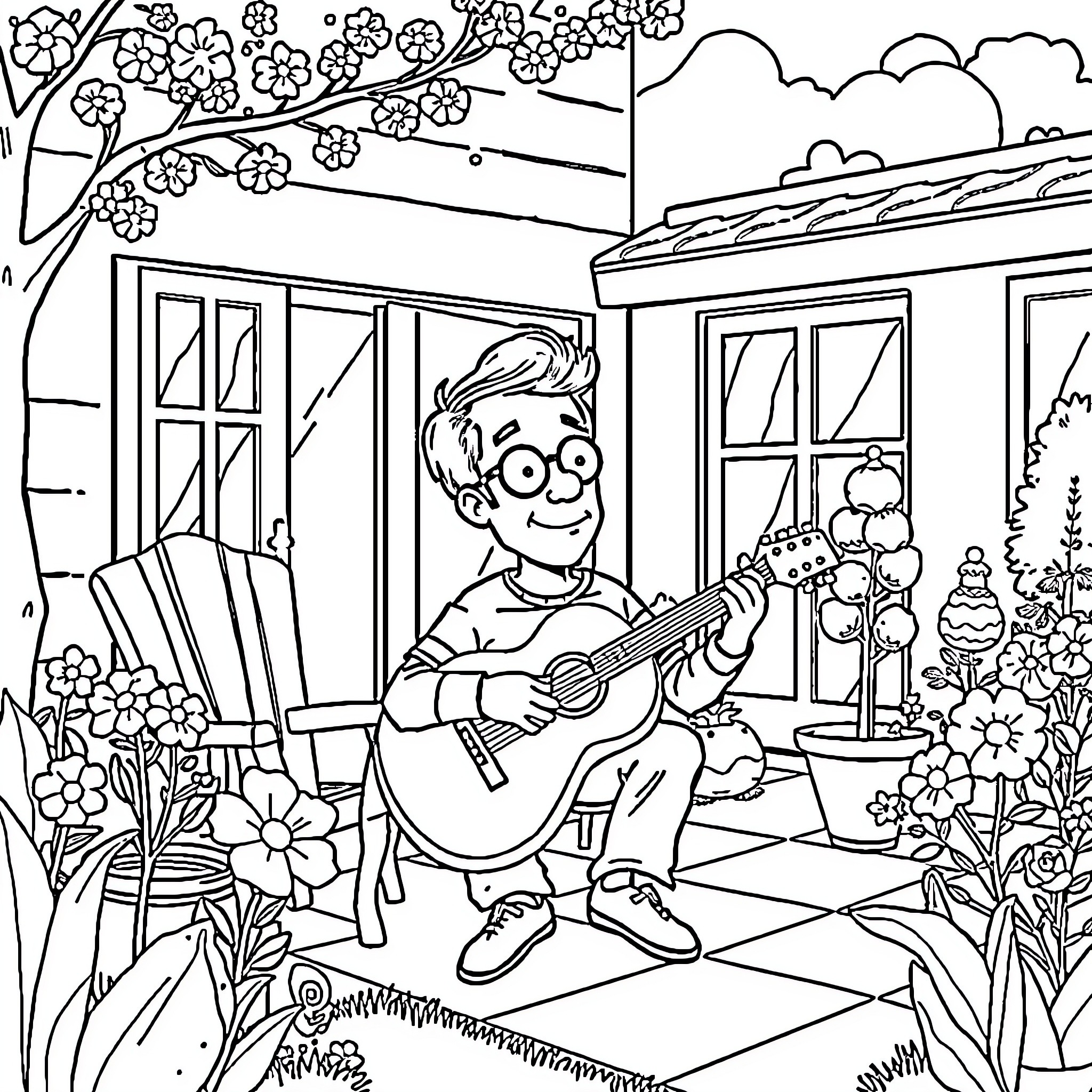 Sheldon Cooper playing guitar in a blooming garden Coloring Page (free black-and-white line drawing printable PDF for all, from beginners to advanced learners, including children, teens, adults, and seniors)