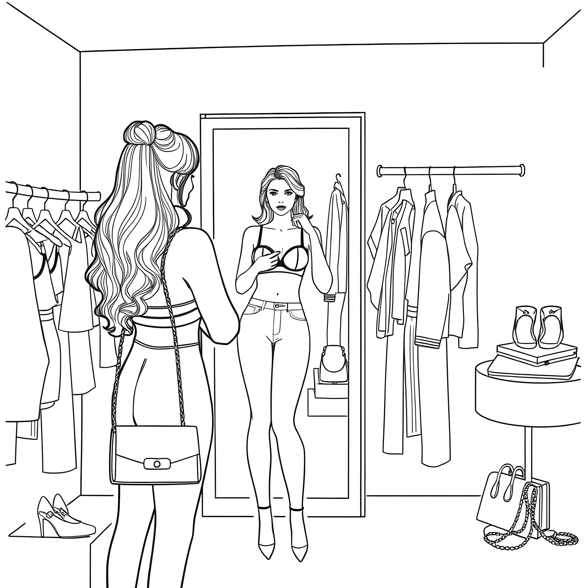 Woman trying on fashionable clothes in dressing room Coloring Page (free black-and-white line drawing printable PDF for all, from beginners to advanced learners, including children, teens, adults, and seniors)
