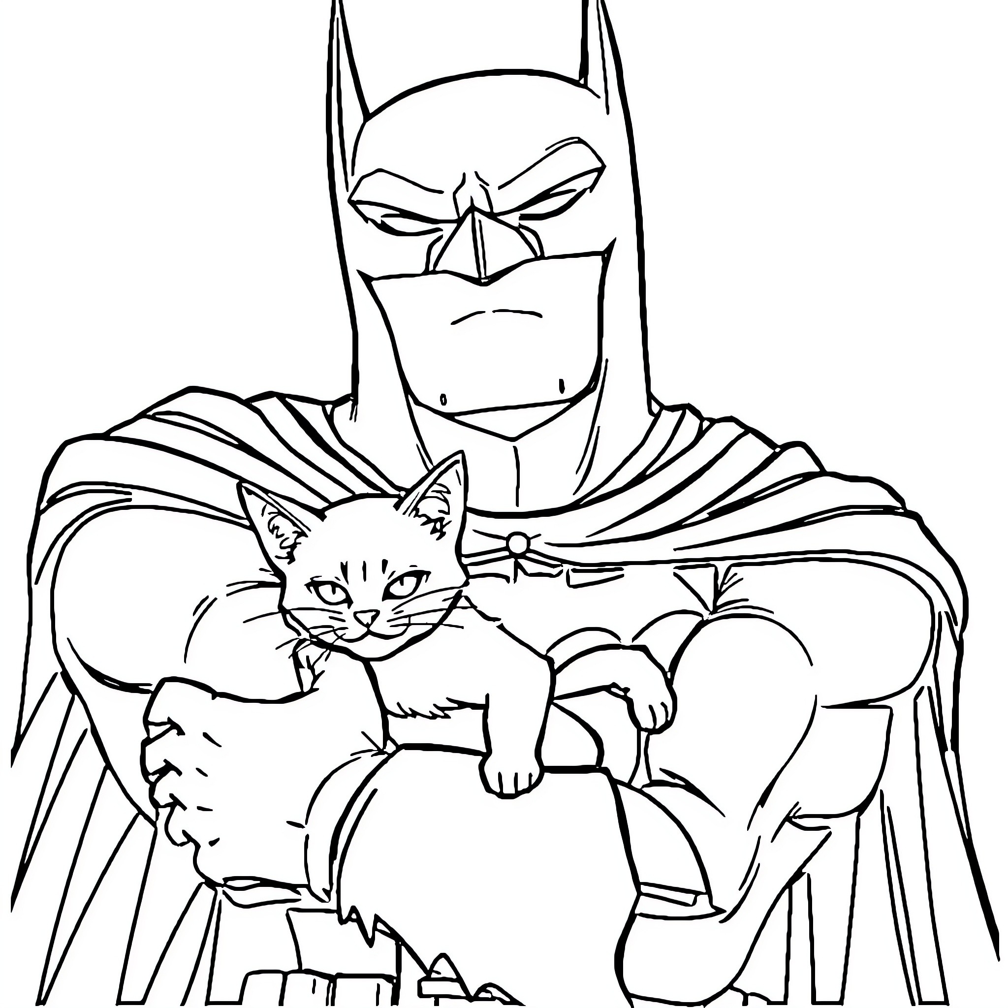 Batman cuddling a kitten with a serious expression Coloring Page (free black-and-white line drawing printable PDF for all, from beginners to advanced learners, including children, teens, adults, and seniors)