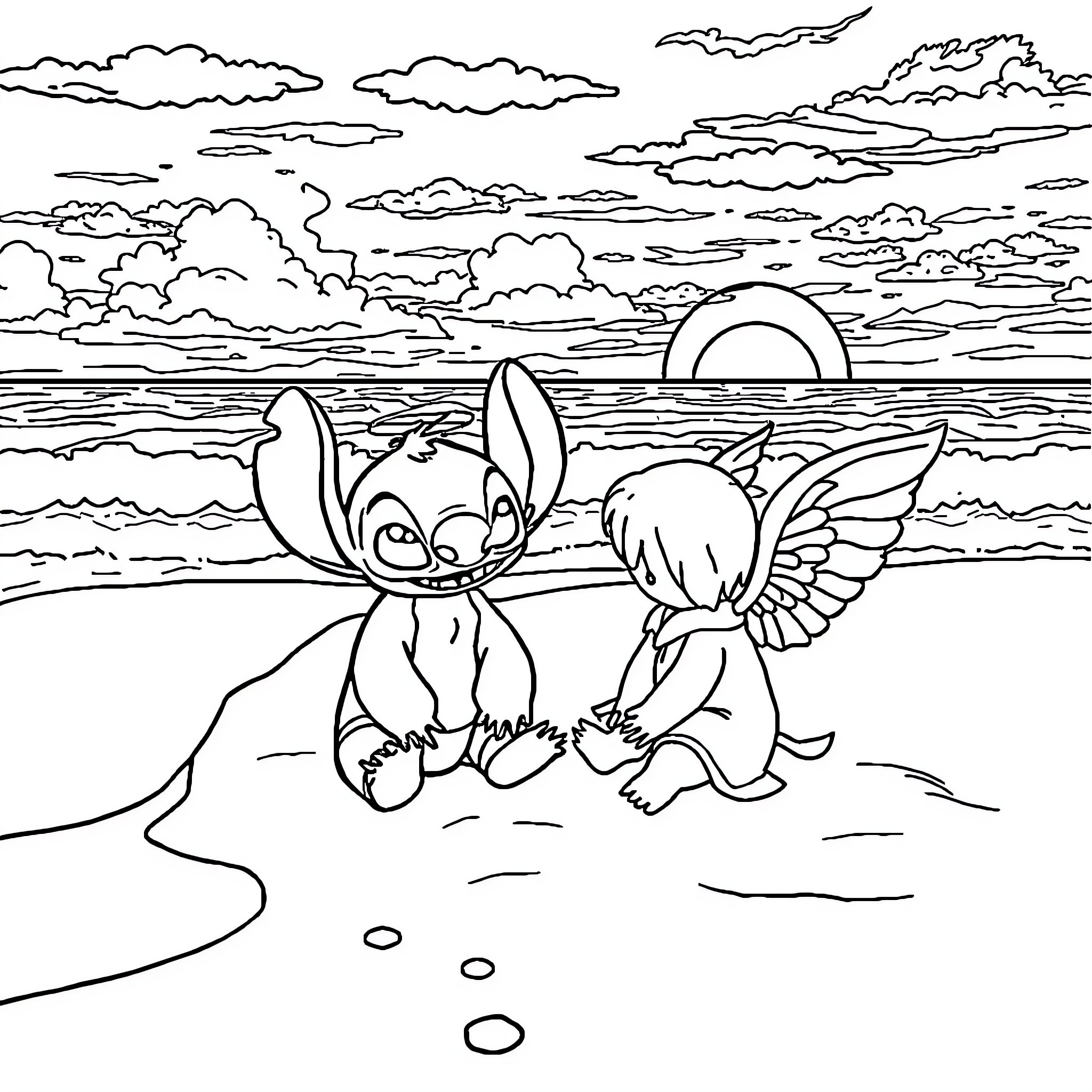 Stitch and Angel on a Beach Adventure Coloring Page (free black-and-white line drawing printable PDF for all, from beginners to advanced learners, including children, teens, adults, and seniors)