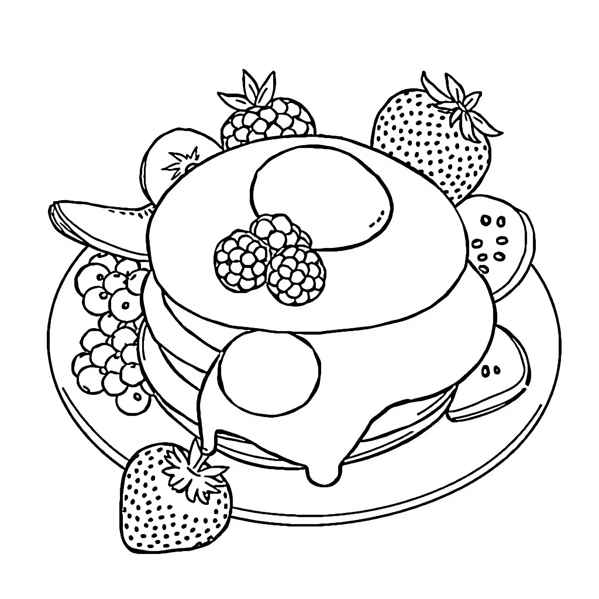 Breakfast with Fruit and Pastry Coloring Page (free black-and-white line drawing printable PDF for all, from beginners to advanced learners, including children, teens, adults, and seniors)